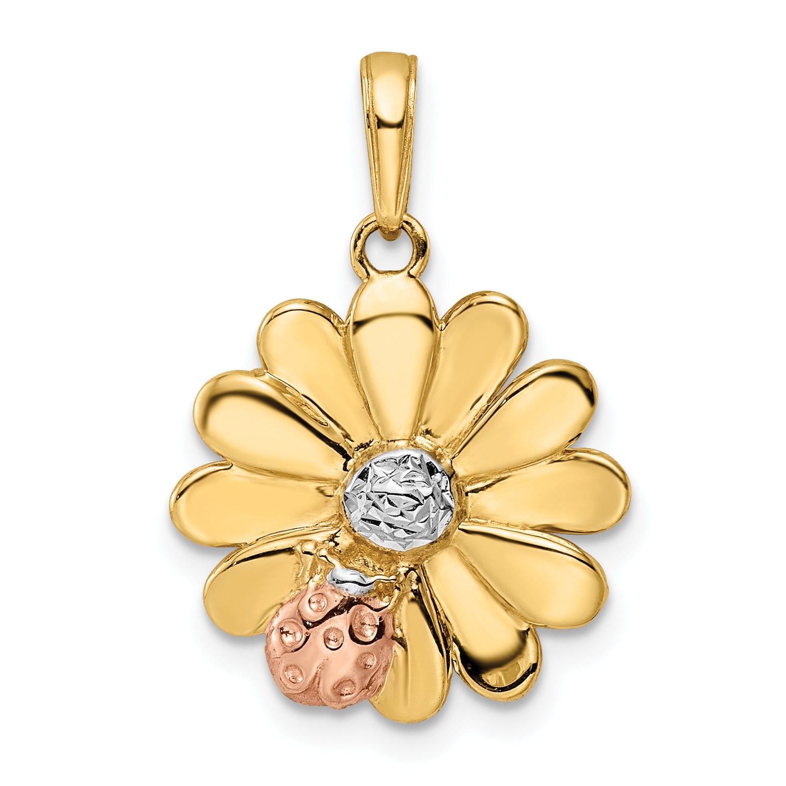 14k w/White and Rose Rhodium Diamond-cut Ladybug on Flower Pendant Main image
