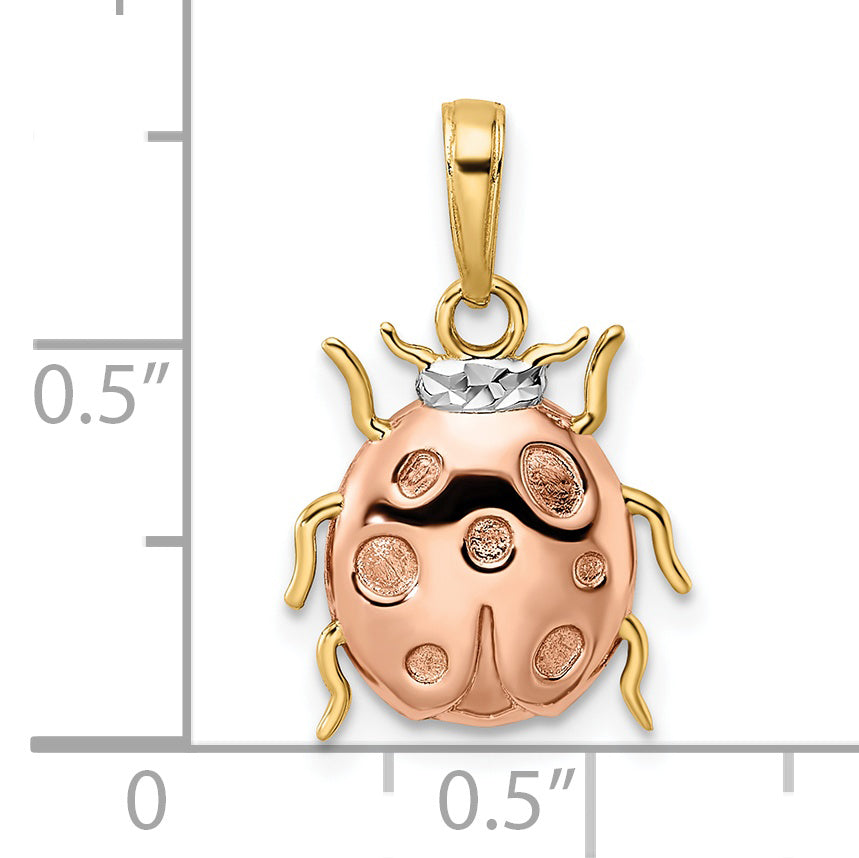 14k w/White and Rose Rhodium Diamond-cut Ladybug Pendant