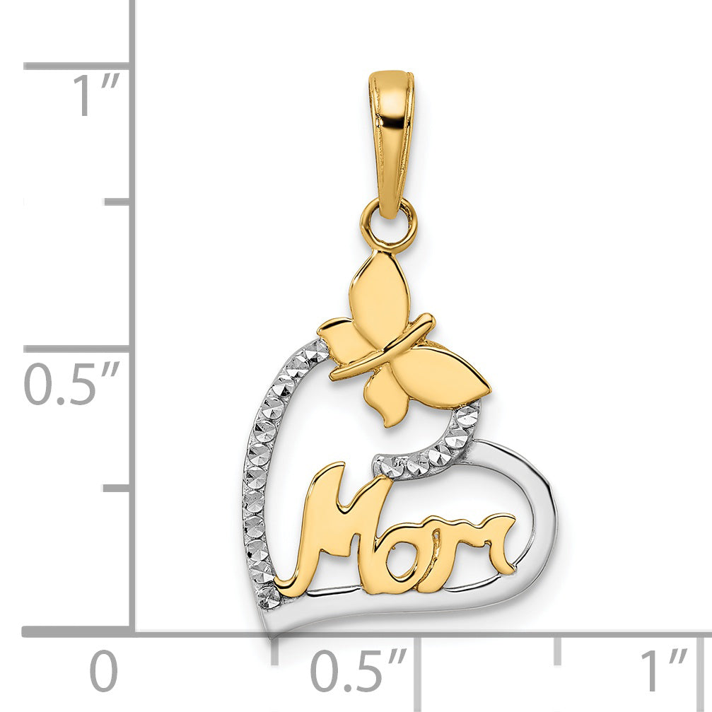 14K w/White Rhodium Diamond-cut Butterfly Mom in Heart Pendant Secondary image