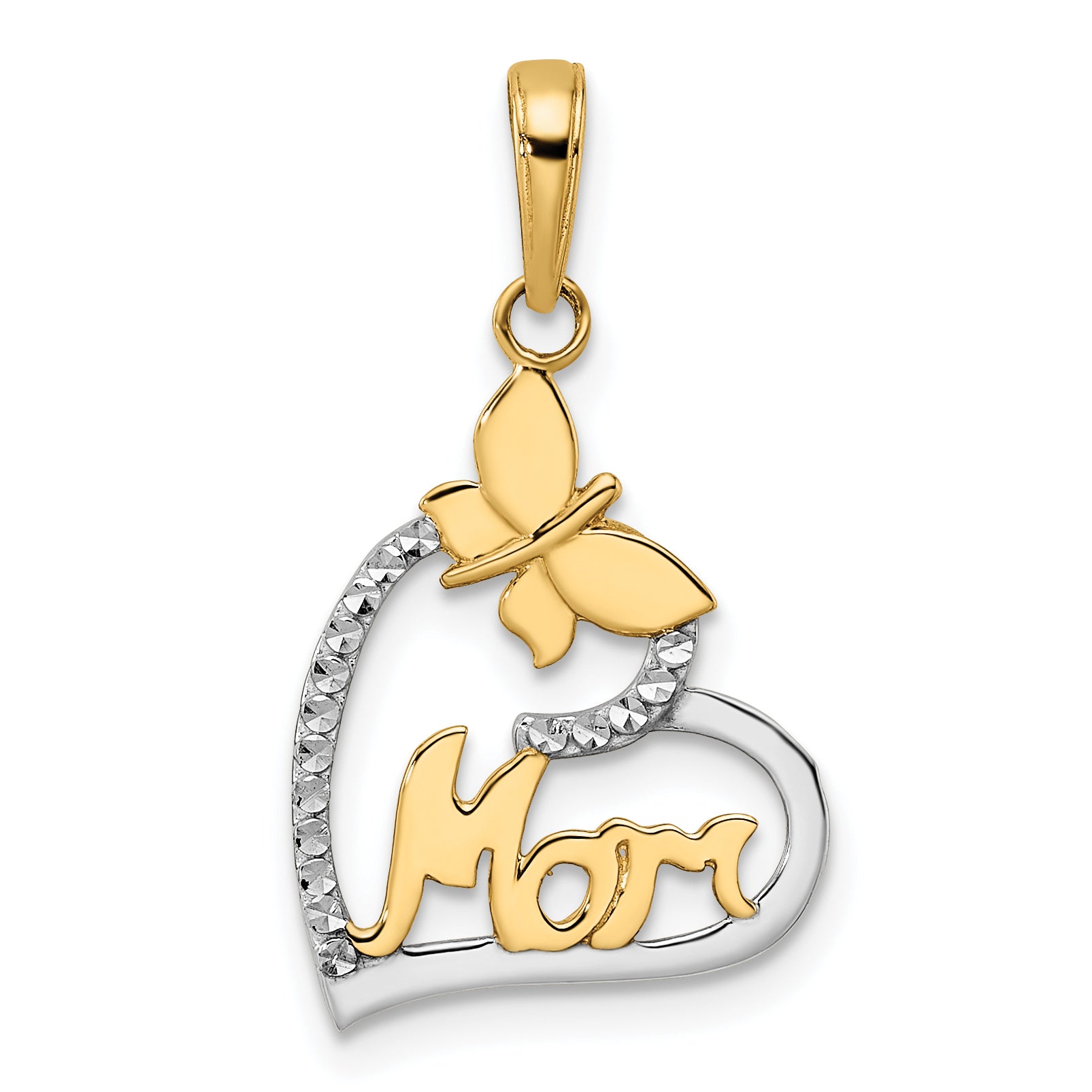 14K w/White Rhodium Diamond-cut Butterfly Mom in Heart Pendant Main image