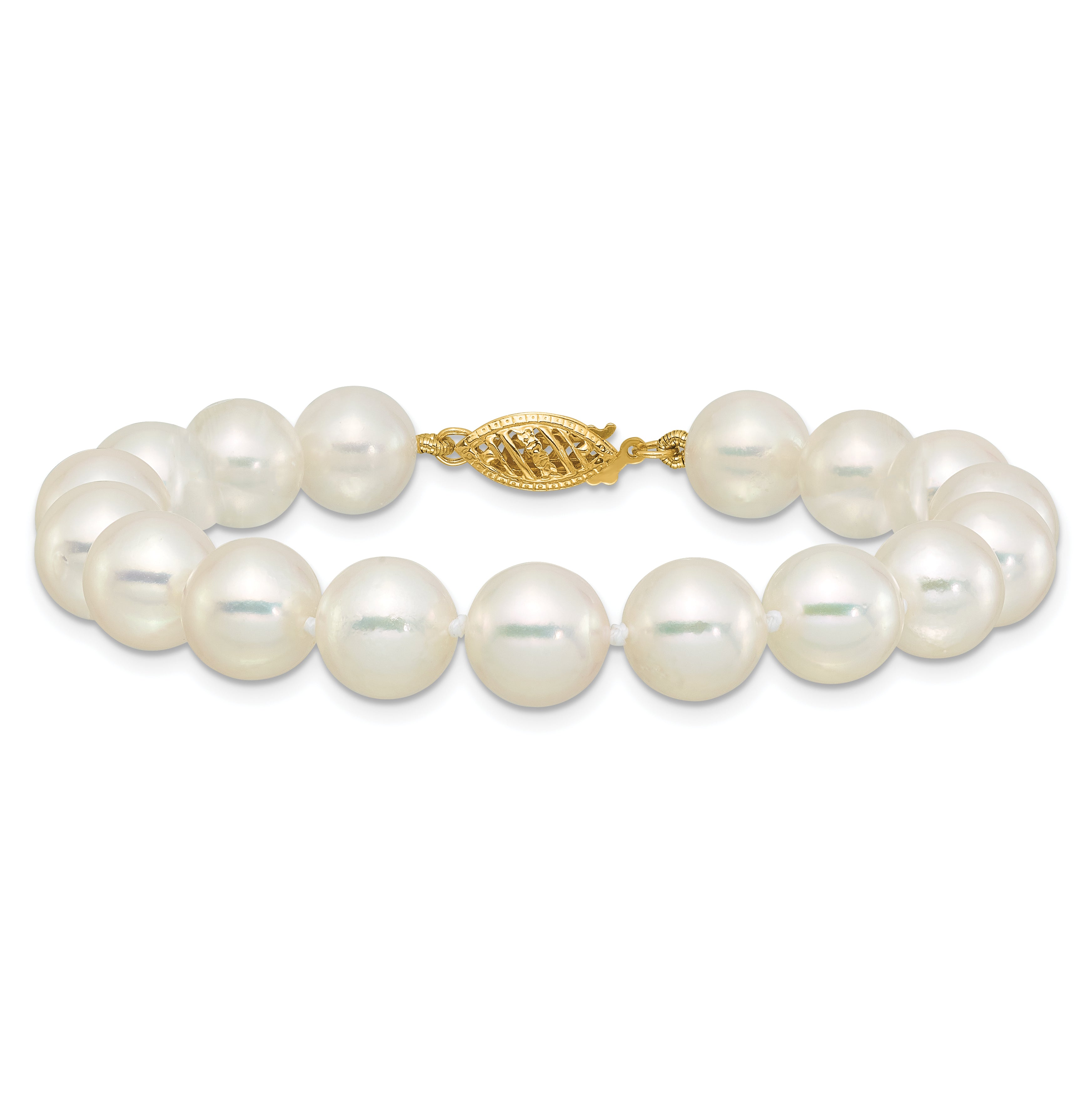 14k Polished 9-10mm Round White Akoya Saltwater Cultured Pearl 7 inch Bracelet