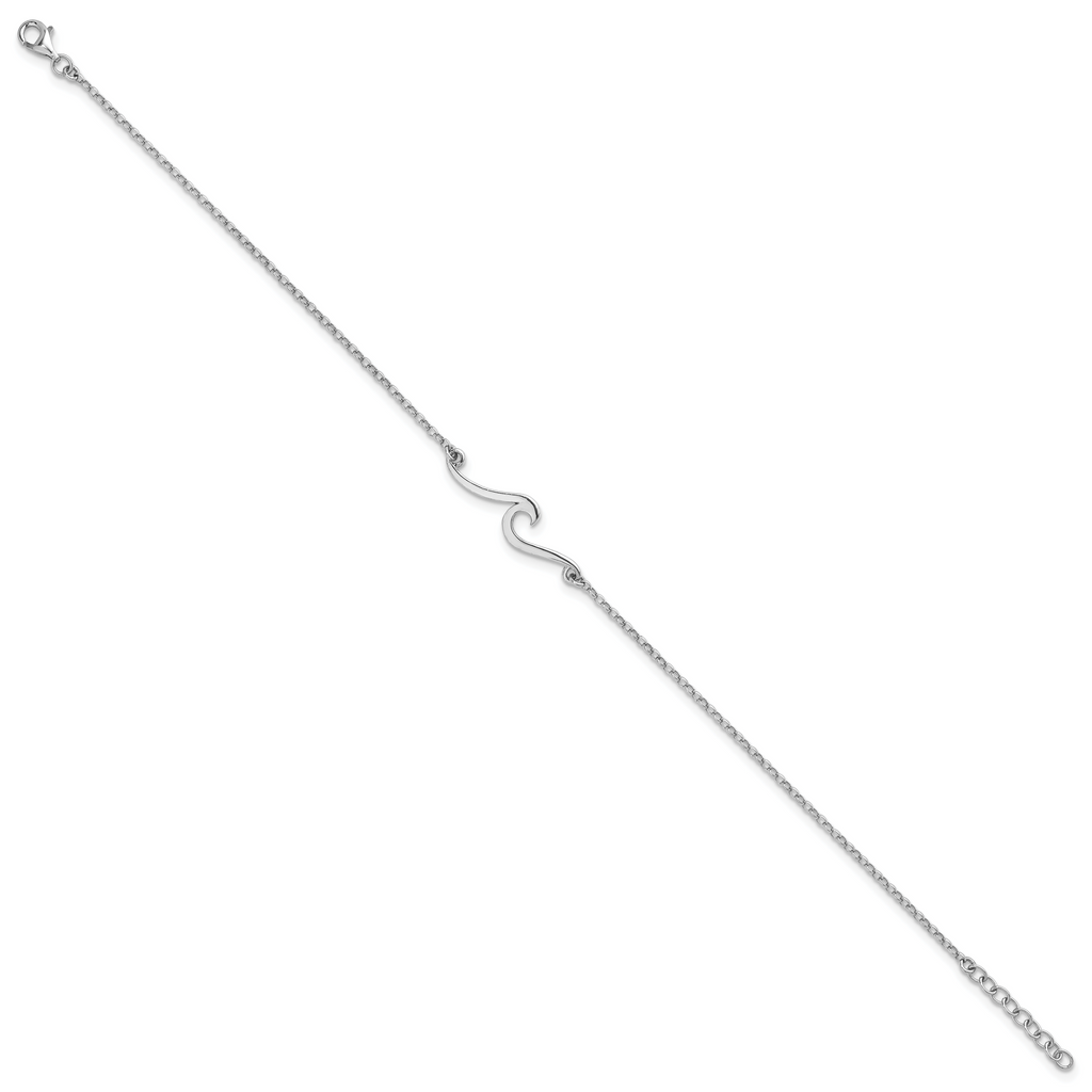 Sterling Silver Rhodium-plated Wave 9 inch Plus 1 inch Extender - Total 10 inch Anklet