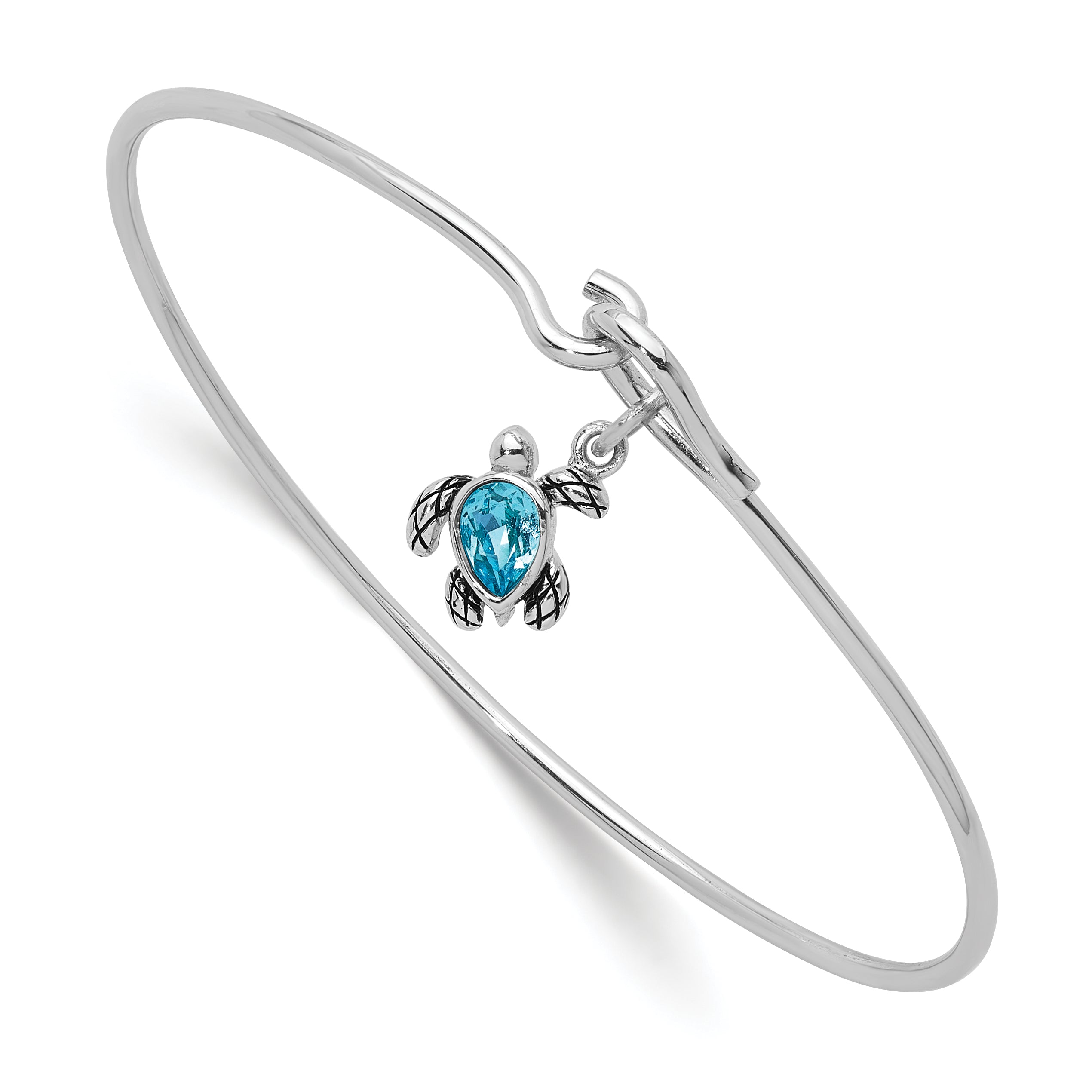 Sterling Silver Rhodium-plated Polished and Antiqued Thin Dangle Blue Crystal Turtle Hook Bangle Main image