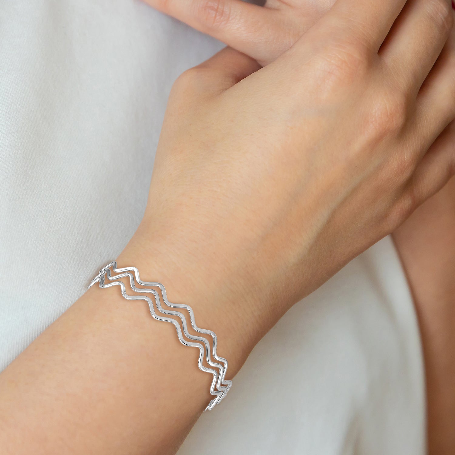 Sterling Silver Rhodium-plated Polished Multi Wave Bangle