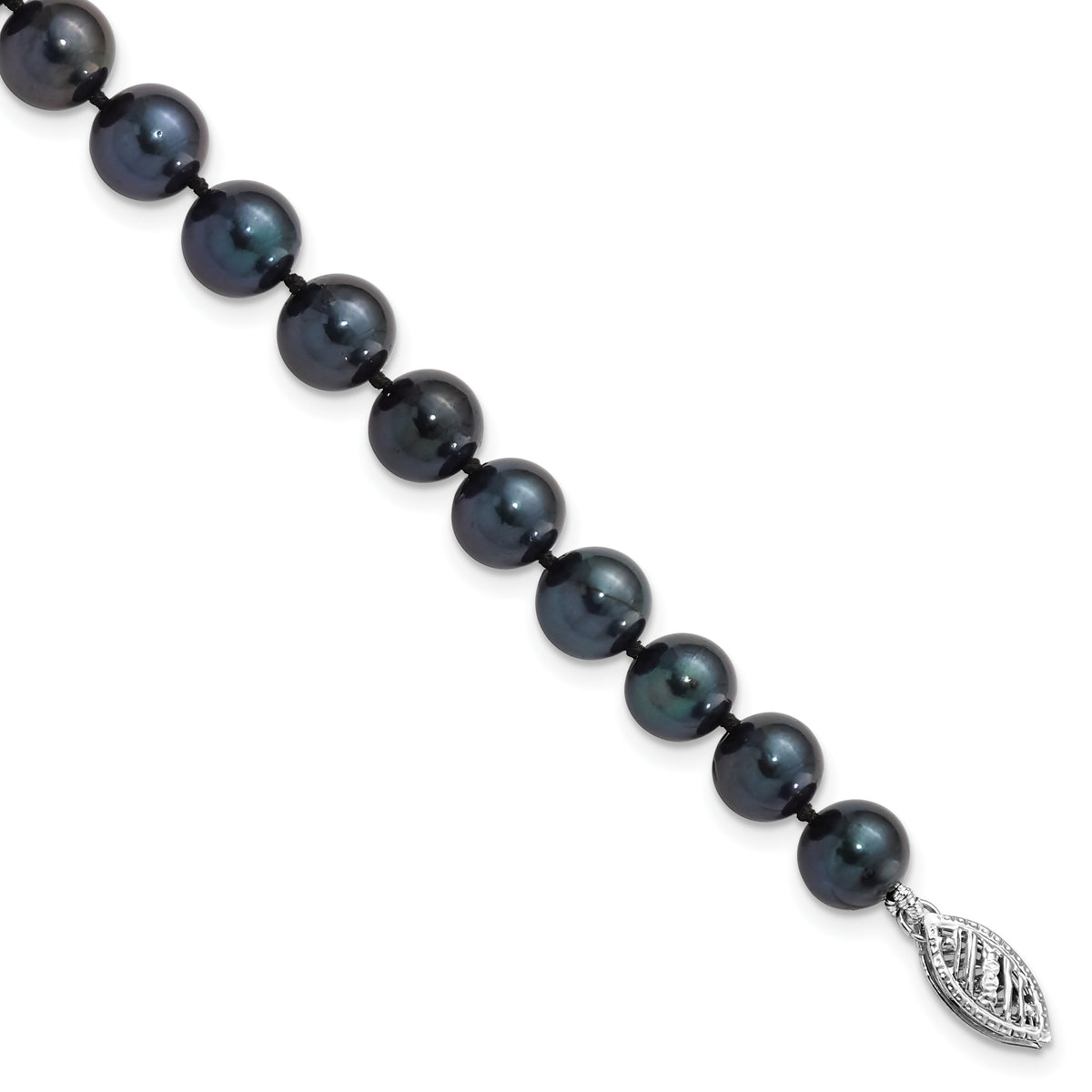 14k White Gold 7-8mm Black Round Saltwater Akoya Cultured Pearl 8 inch Bracelet