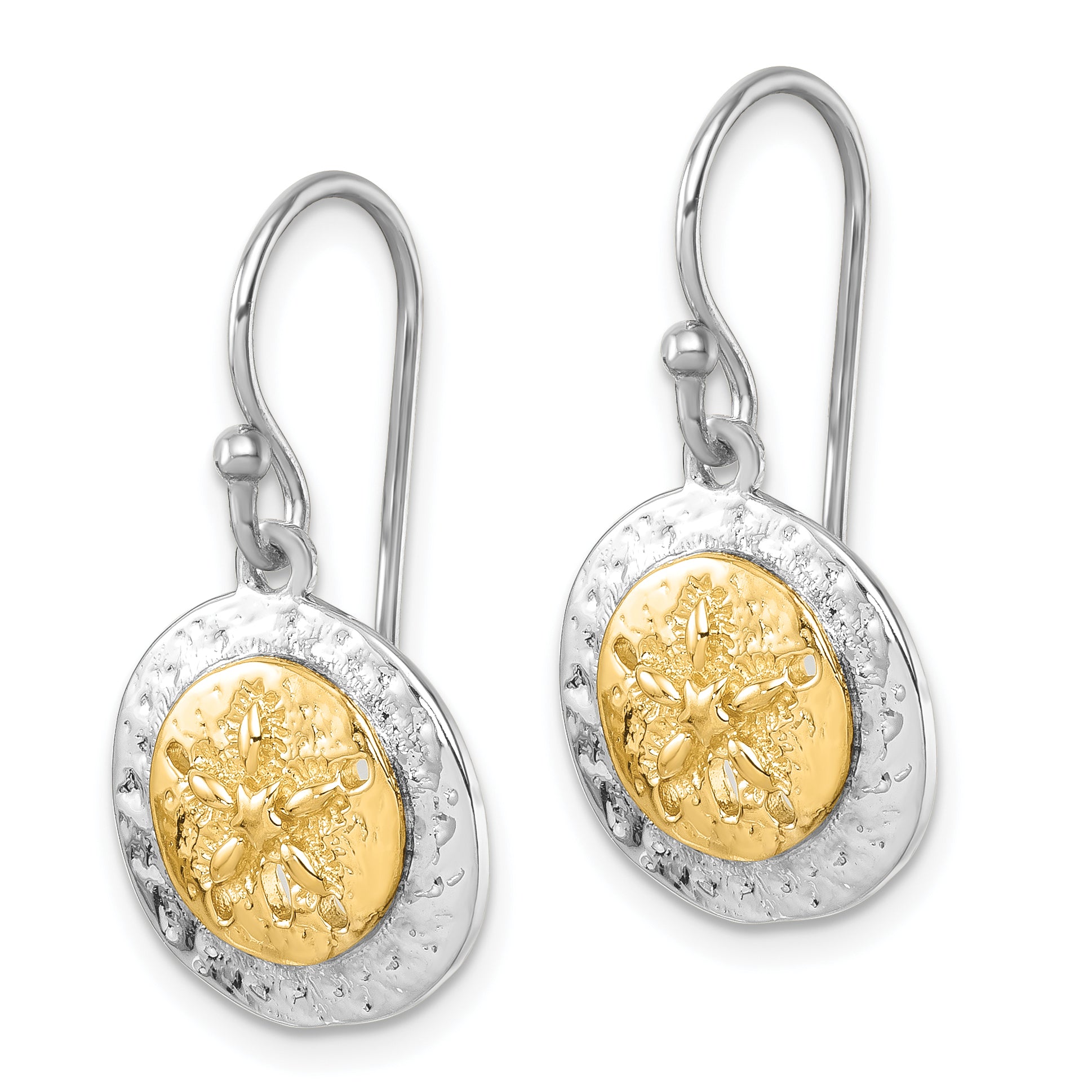 Sterling Silver Rhodium-plated Gold-tone Textured Sand Dollar Dangle Earrin Secondary image