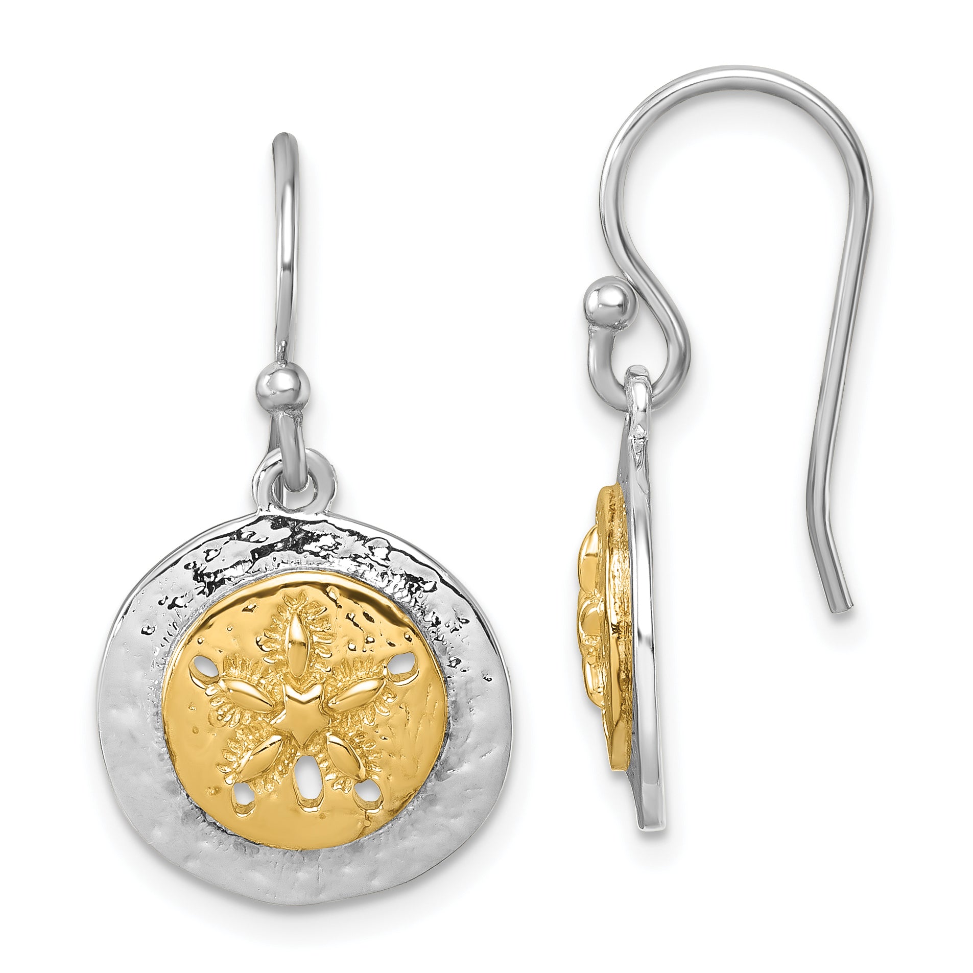 Sterling Silver Rhodium-plated Gold-tone Textured Sand Dollar Dangle Earrin Main image