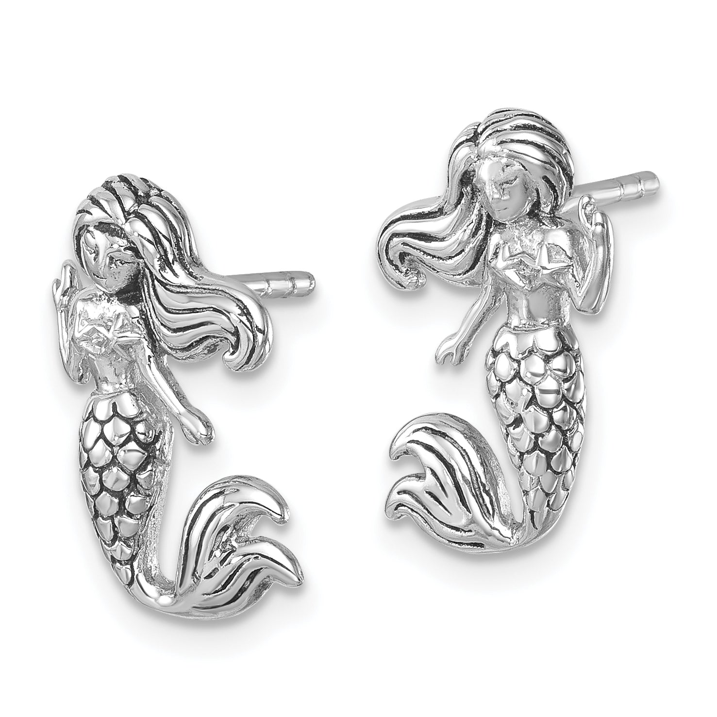 Sterling Silver Rhodium-Plated Antiqued Mermaid Earrings Secondary image