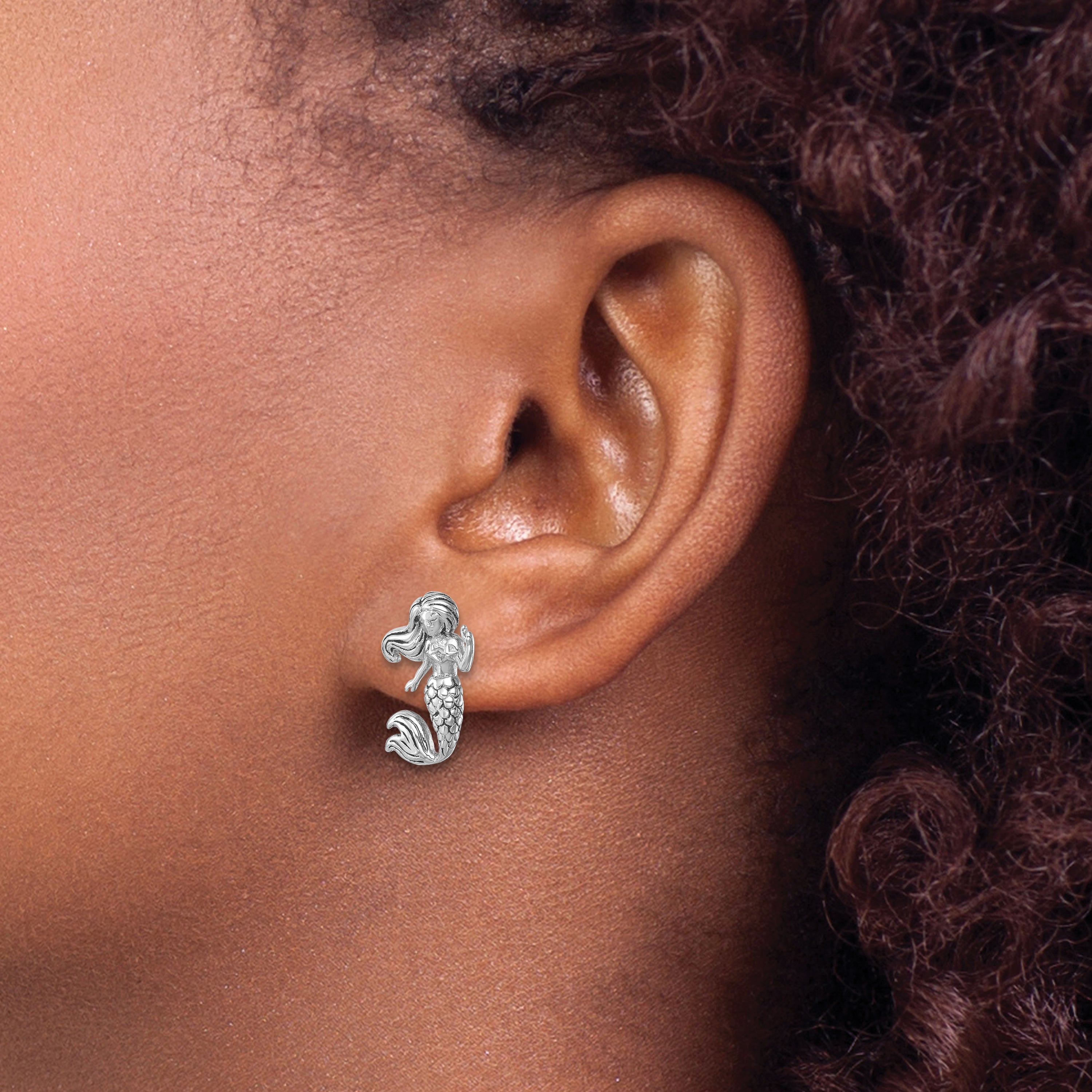 Sterling Silver Rhodium-Plated Antiqued Mermaid Earrings