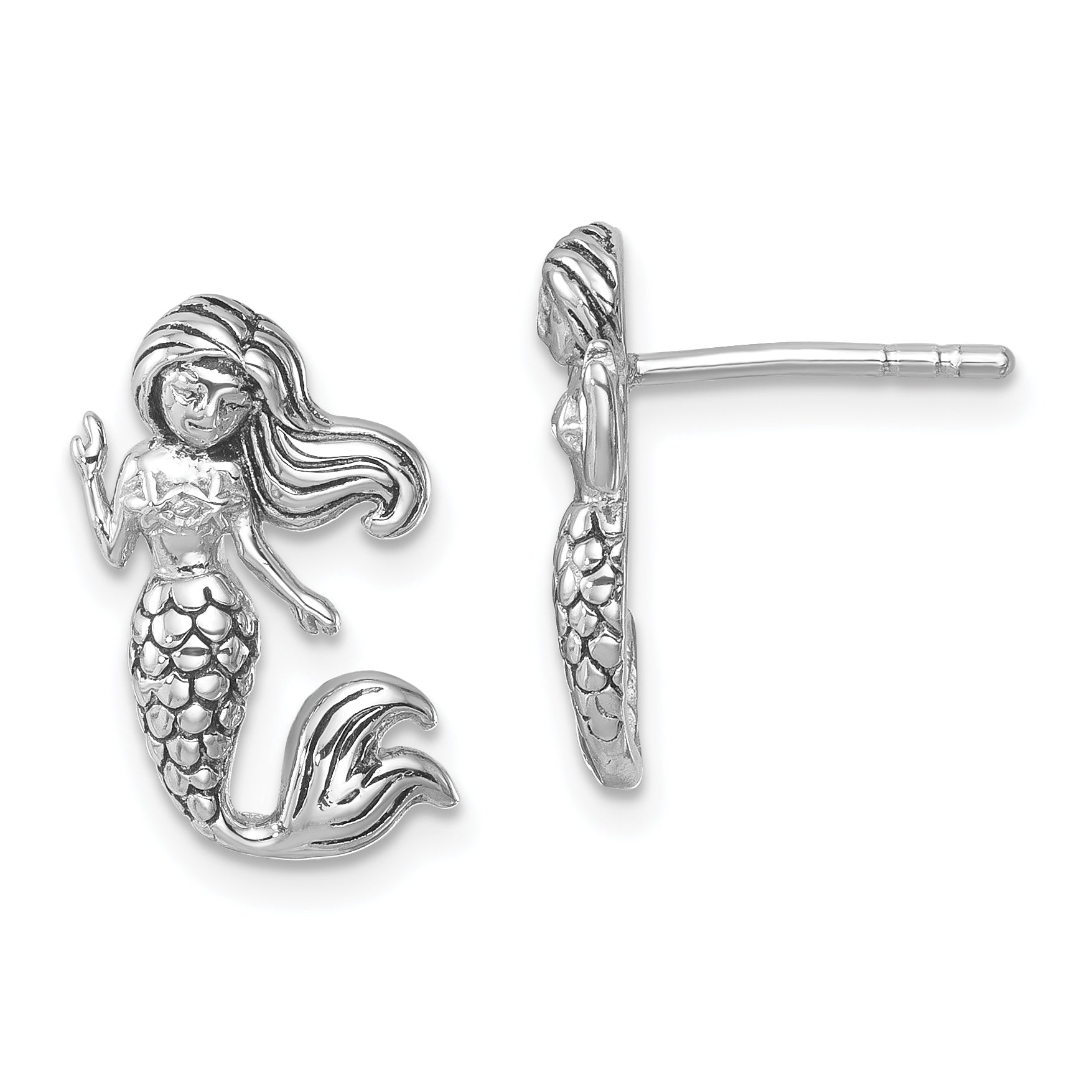 Sterling Silver Rhodium-Plated Antiqued Mermaid Earrings Main image
