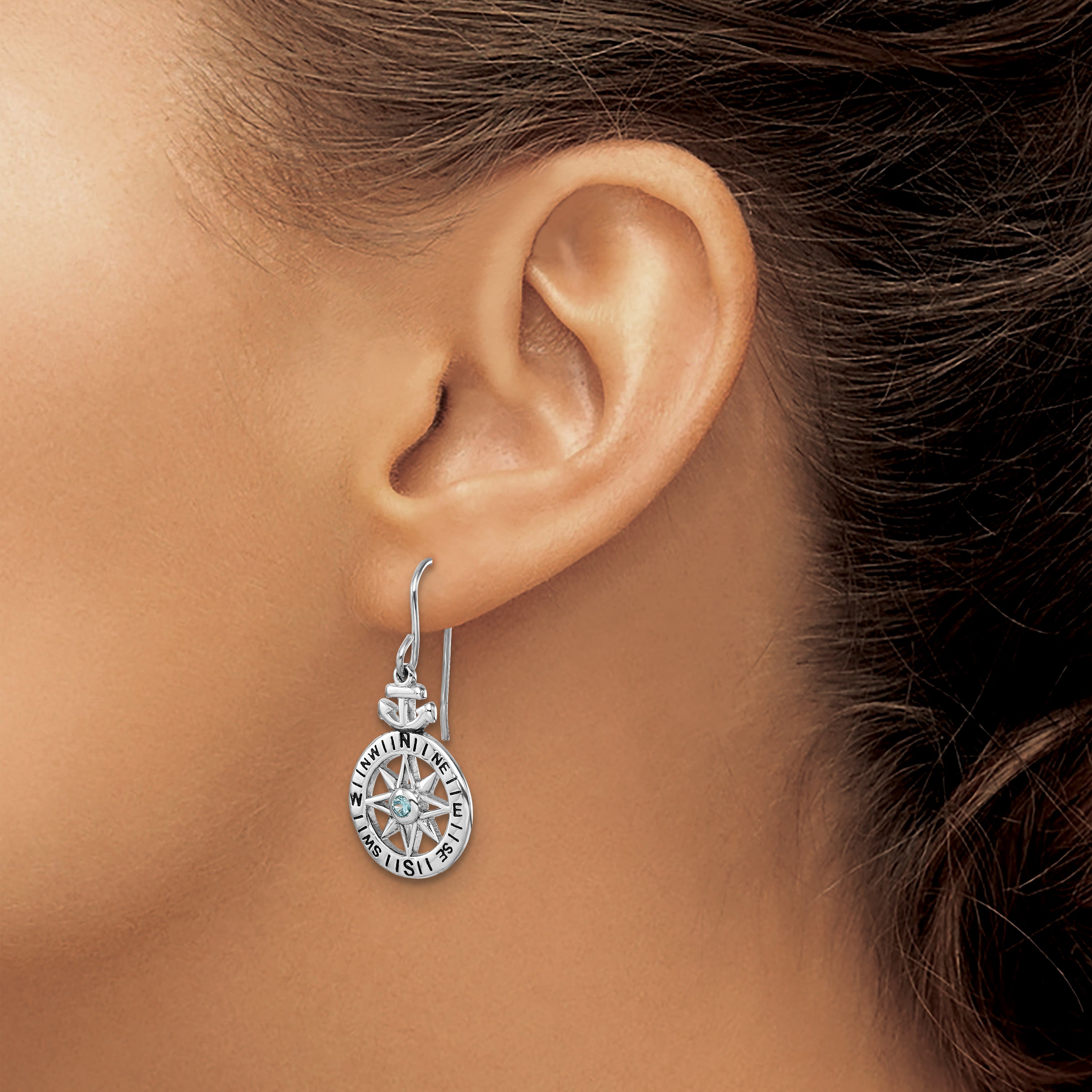 Sterling Silver Rhodium-Plated Polished CZ Compass Dangle Earrings