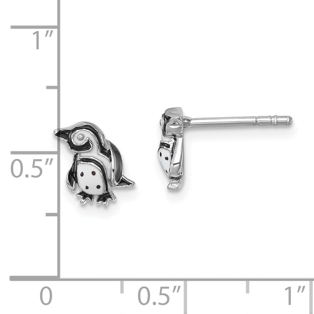 Sterling Silver Rhodium-plated Polished Enamel Penguin Post Earrings
