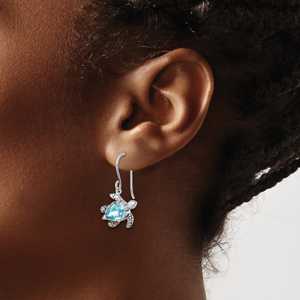 Sterling Silver Rhodium-plated Polished and Antiqued Blue Crystal Turtle Dangle Earrings