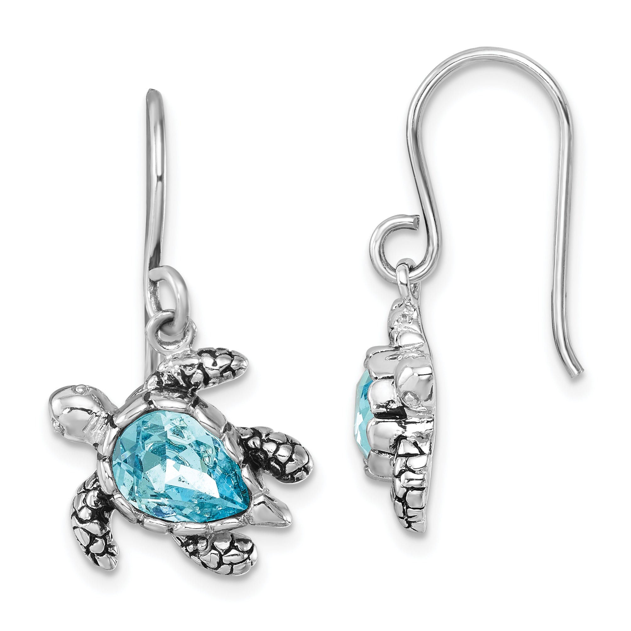 Sterling Silver Rhodium-plated Polished and Antiqued Blue Crystal Turtle Dangle Earrings Main image