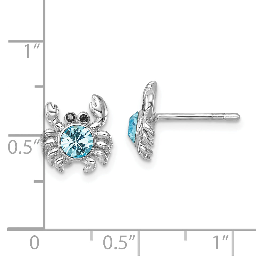 Sterling Silver Rhodium-plated Polished Blue Crystal Crab Post Earrings