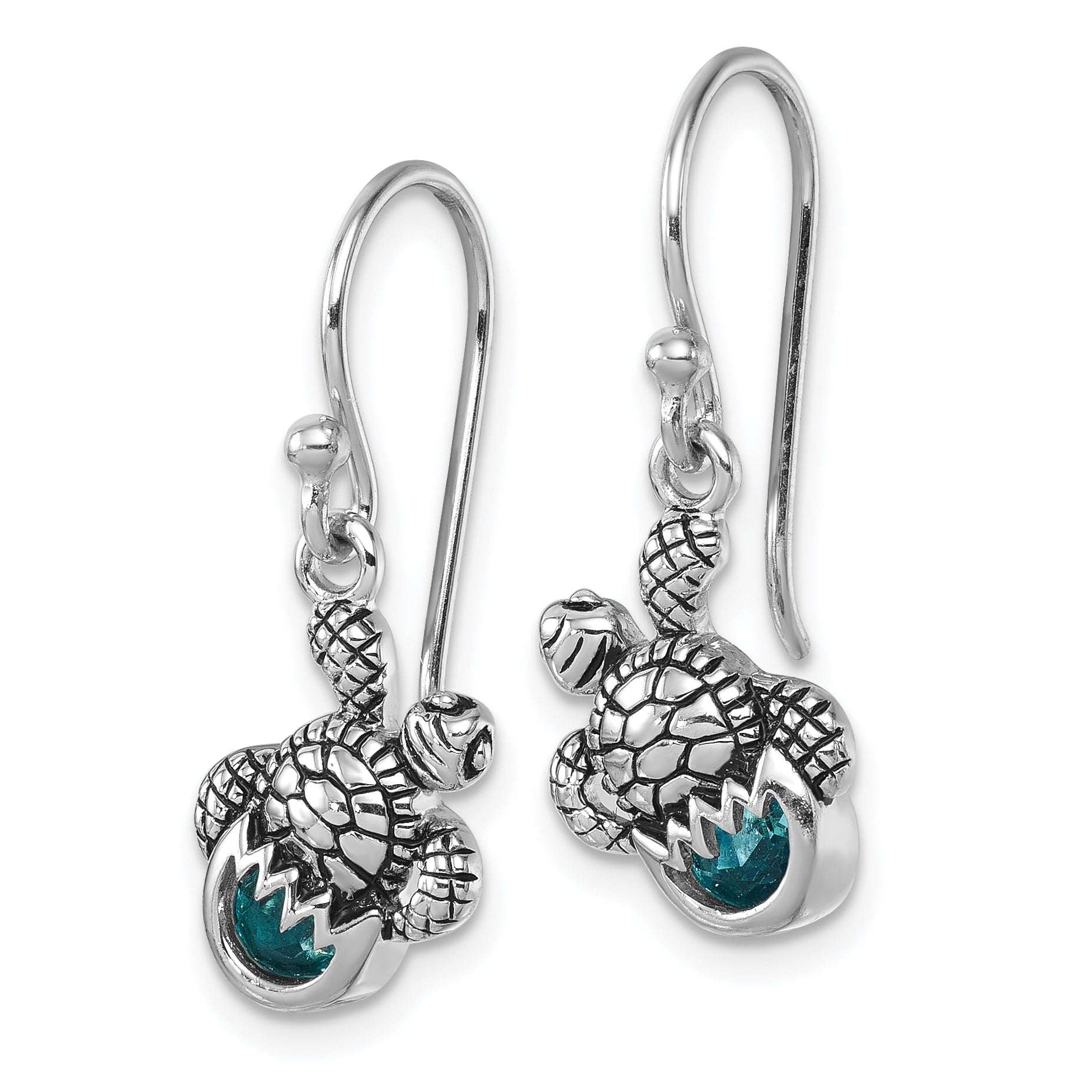 Sterling Silver Rhodium-Plated Antiqued Blue Crystal Hatching Turtle Dangle Earrings Secondary image