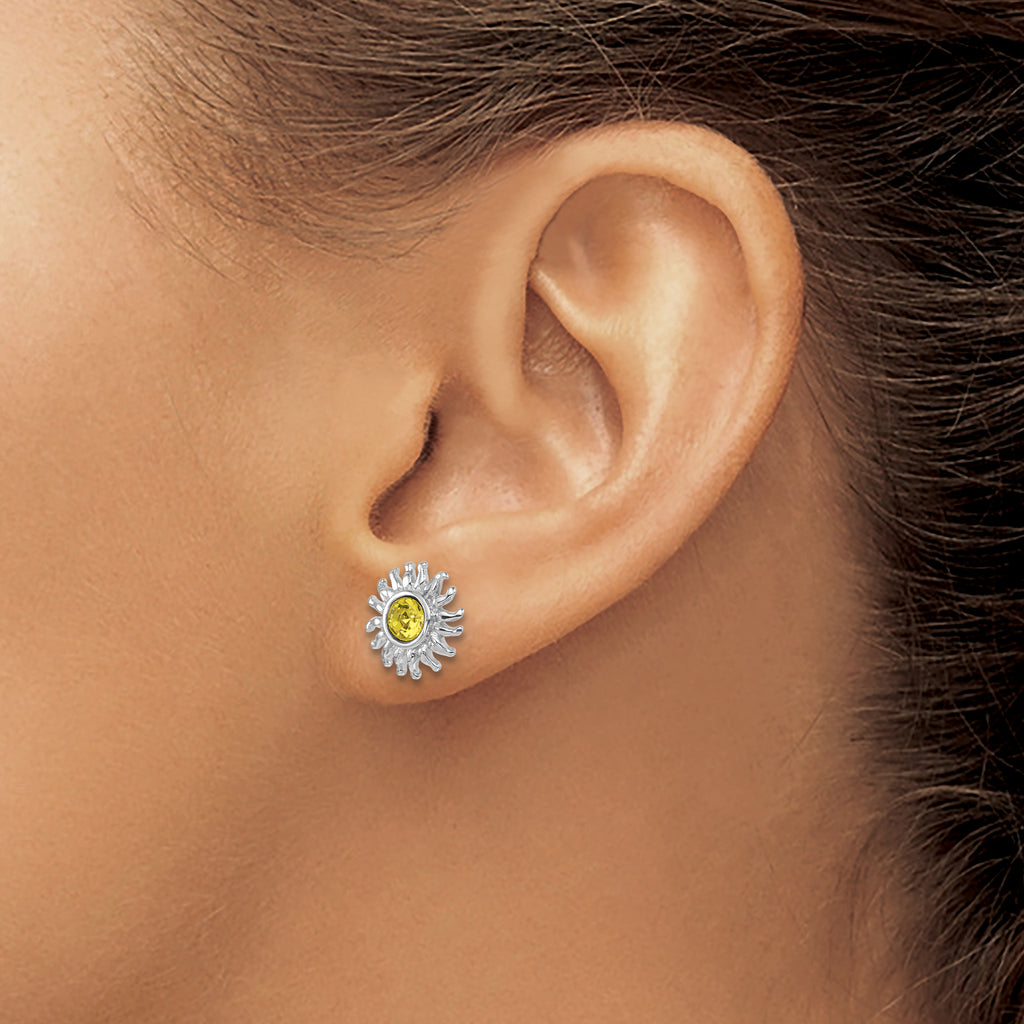 Sterling Silver Rhodium-Plated Polished Yellow Crystal Sun Post Earrings