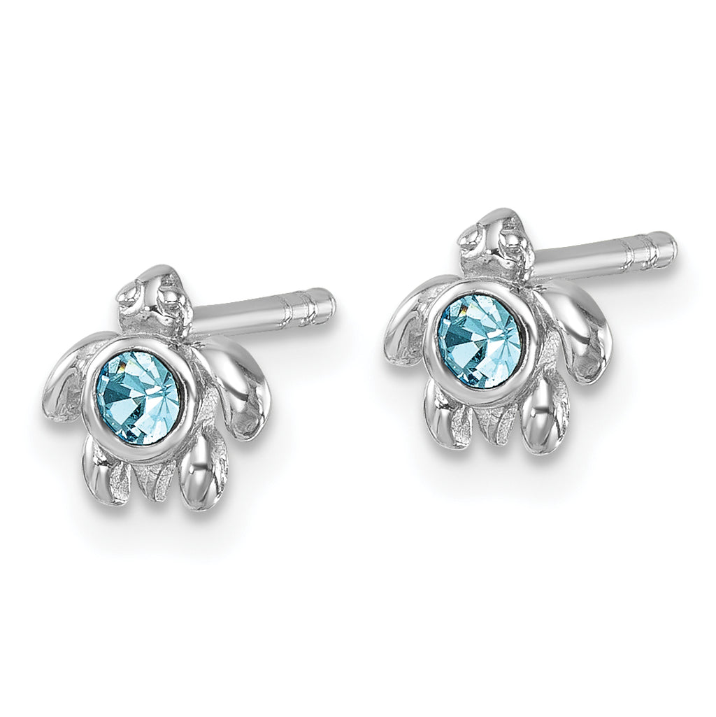 Sterling Silver Rhodium-Plated Polished Blue Crystal Inlay Tiny Turtle Post Earrings