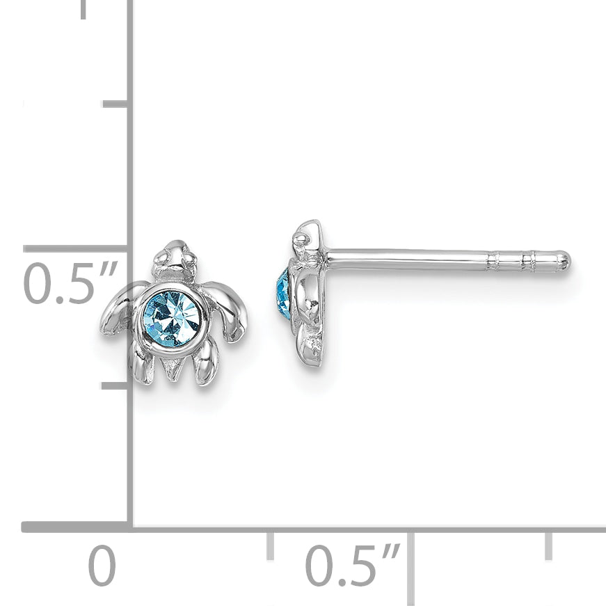 Sterling Silver Rhodium-Plated Polished Blue Crystal Inlay Tiny Turtle Post Earrings