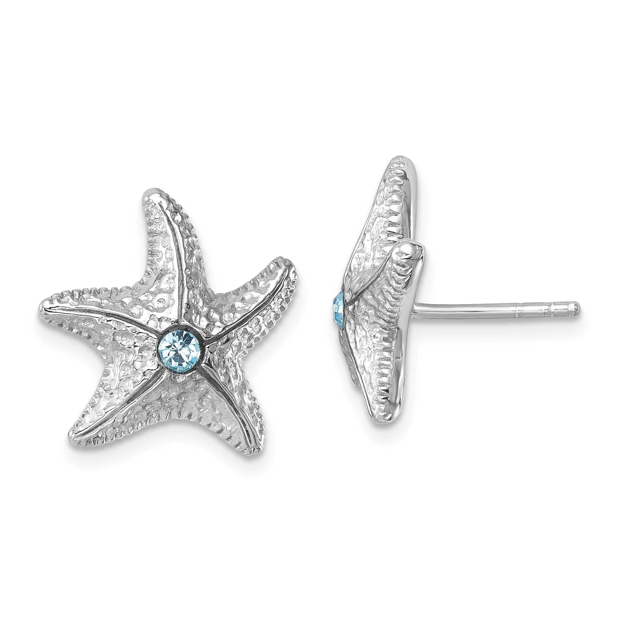 Sterling Silver Rhodium-Plated Polished and Textured Crystal Starfish Post Earrings Main image