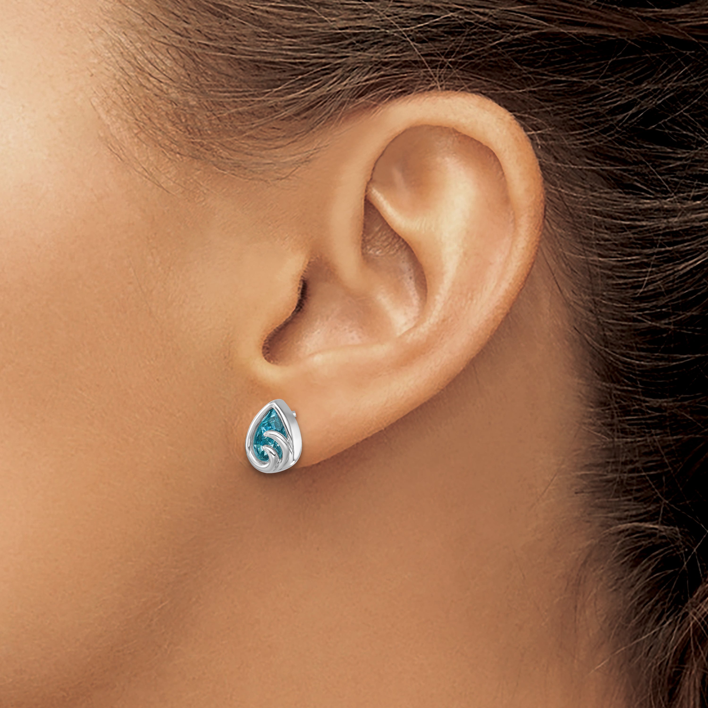 Sterling Silver Rhodium-Plated Polished Crystal Wave Post Earrings