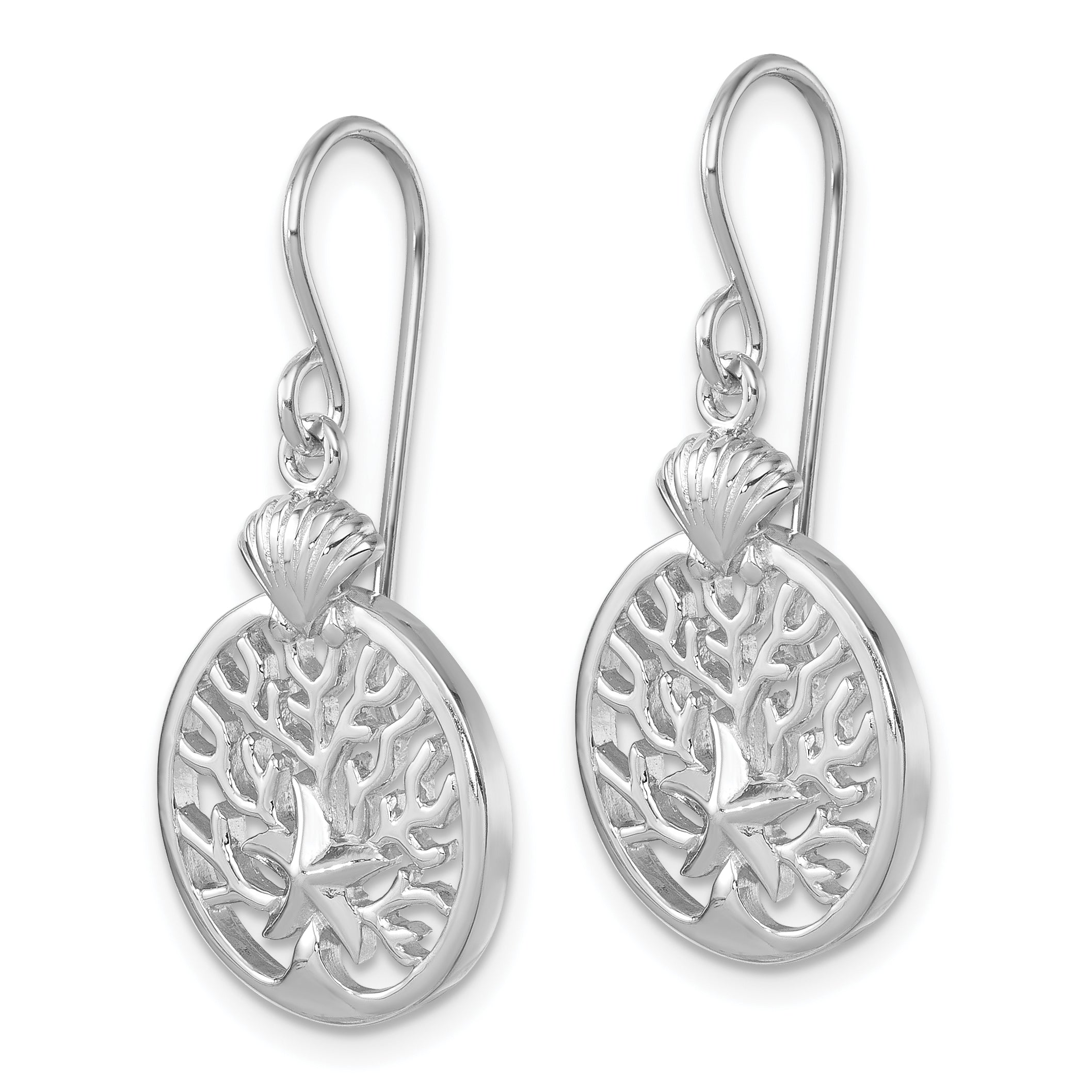 Sterling Silver Rhodium-plated Polished Starfish and Scallop Shell Reef Dangle Earring Secondary image