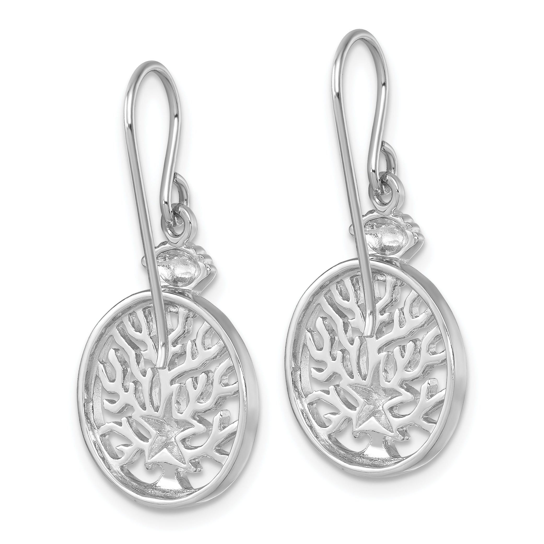 Sterling Silver Rhodium-plated Polished Starfish and Scallop Shell Reef Dangle Earring