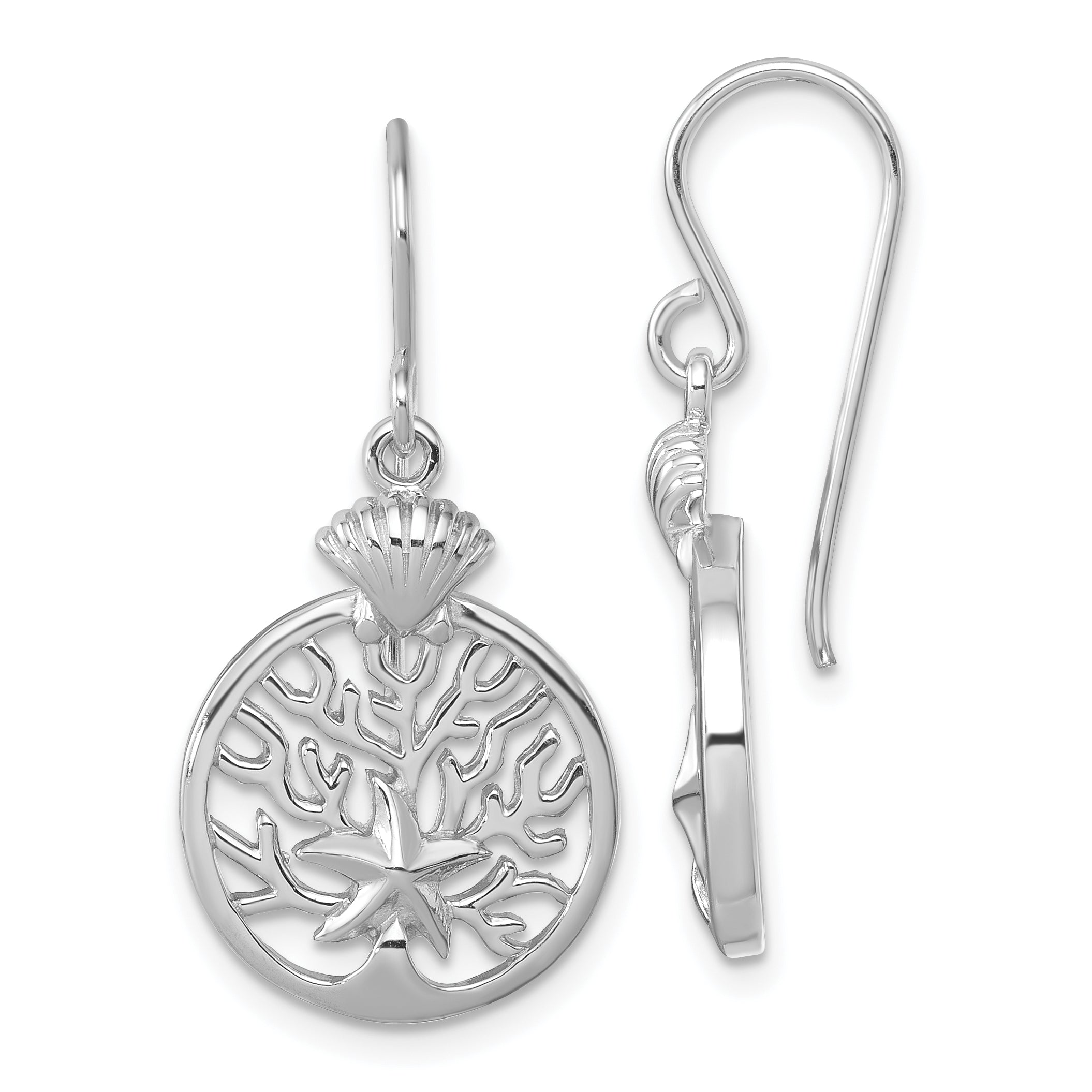 Sterling Silver Rhodium-plated Polished Starfish and Scallop Shell Reef Dangle Earring Main image