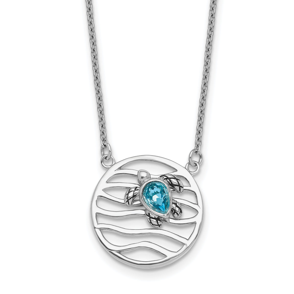Sterling Silver Rhodium-Rhodium-Plated Polished and Antiqued Blue Crystal Sliding Turtle 15.5 inch with a 2 inch extention Necklace