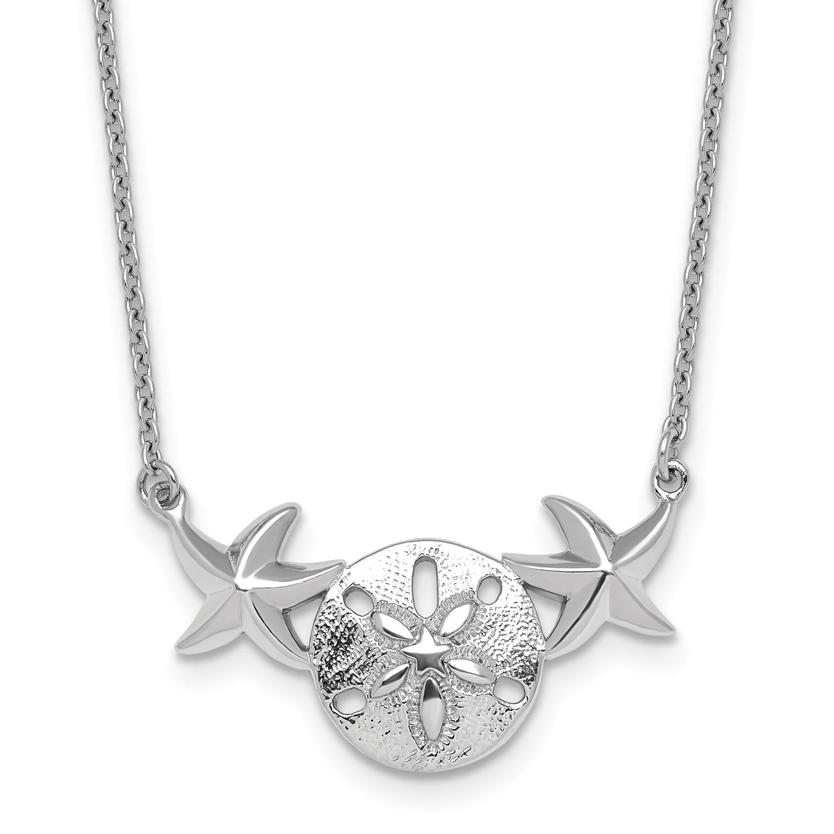 Sterling Silver Rhodium-Rhodium-Plated Polished Sand Dollar and Starfish 16.5 inch with a 2 inch extention Necklace