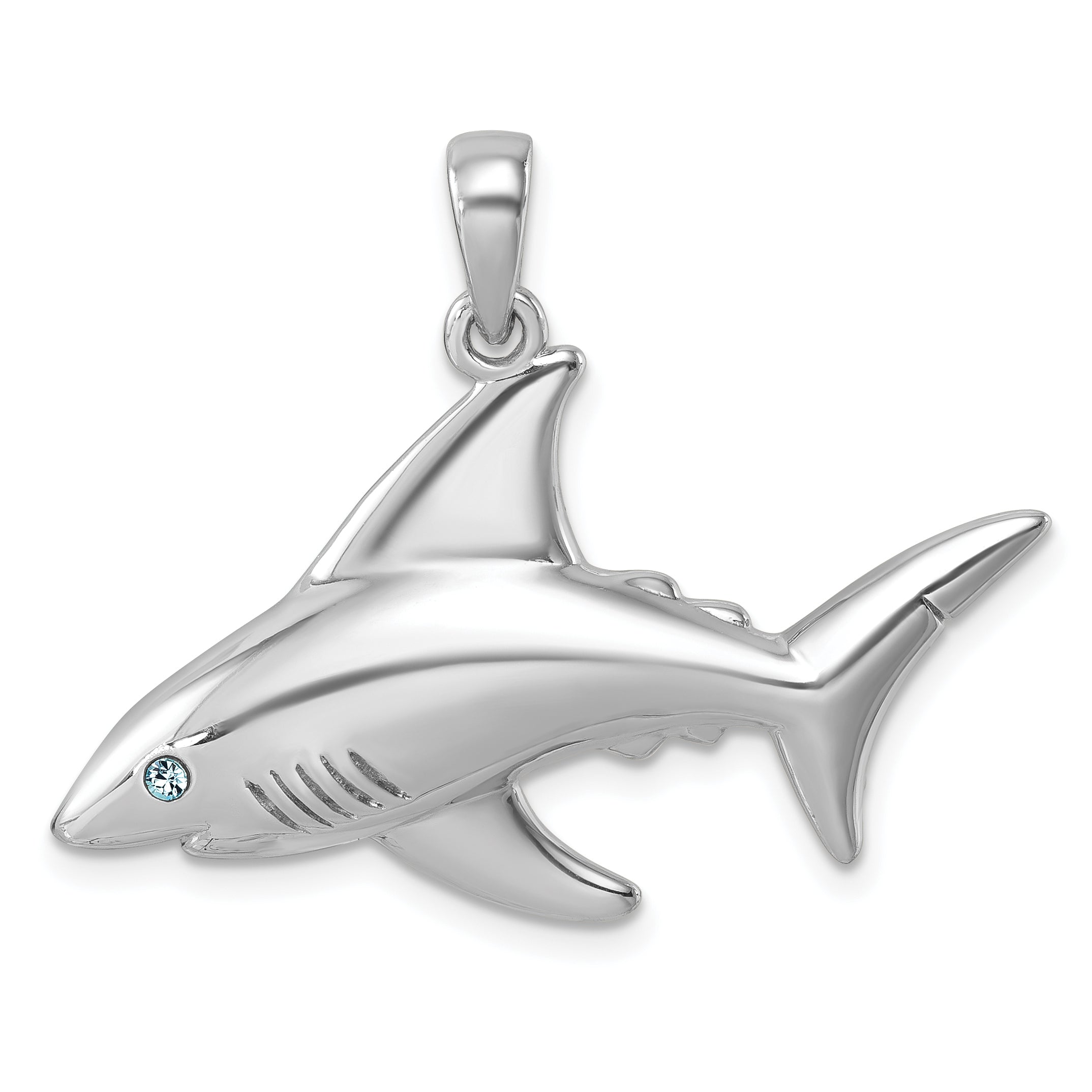 Sterling Silver Rhodium-Plated Polished Crystal Eye Shark Pendant Main image