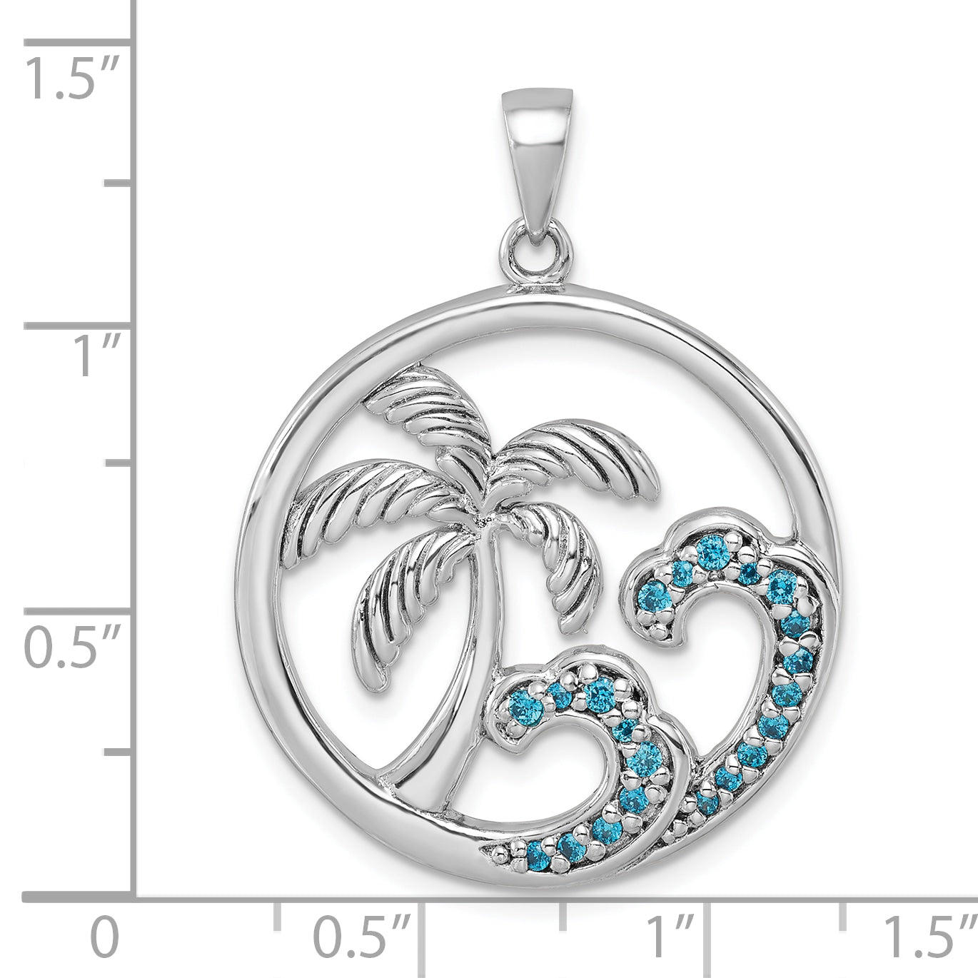 Sterling Silver Rhodium-Plated CZ Wave and Palm Tree Pendant