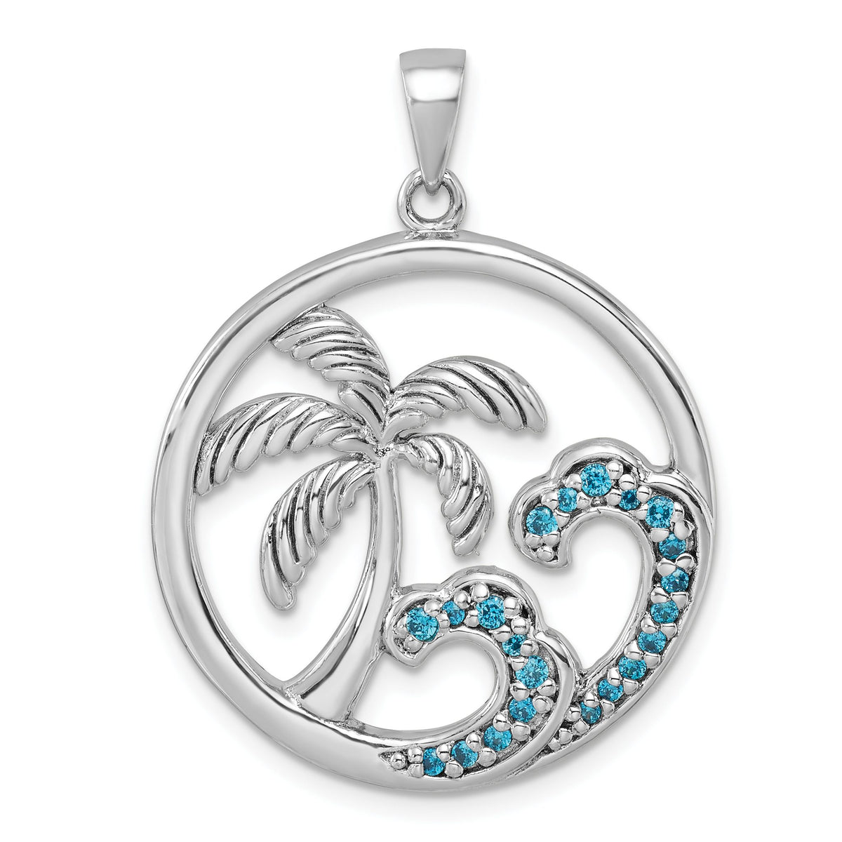 Wave & Palm Tree Pendant in Sterling Silver with Cubic Zirconia, 34mm - Sophia Jewelers Main image