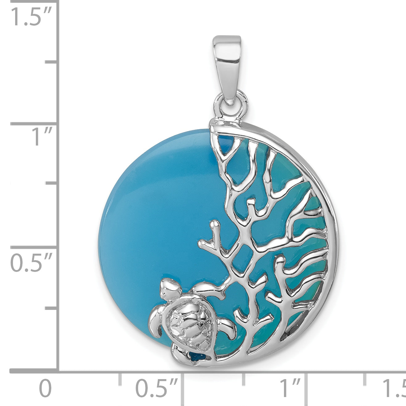 Sterling Silver Rhodium-Plated Polished Blue Agate Turtle and Reef Round Pendant