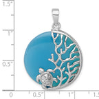 Sterling Silver Rhodium-Plated Polished Blue Agate Turtle and Reef Round Pendant