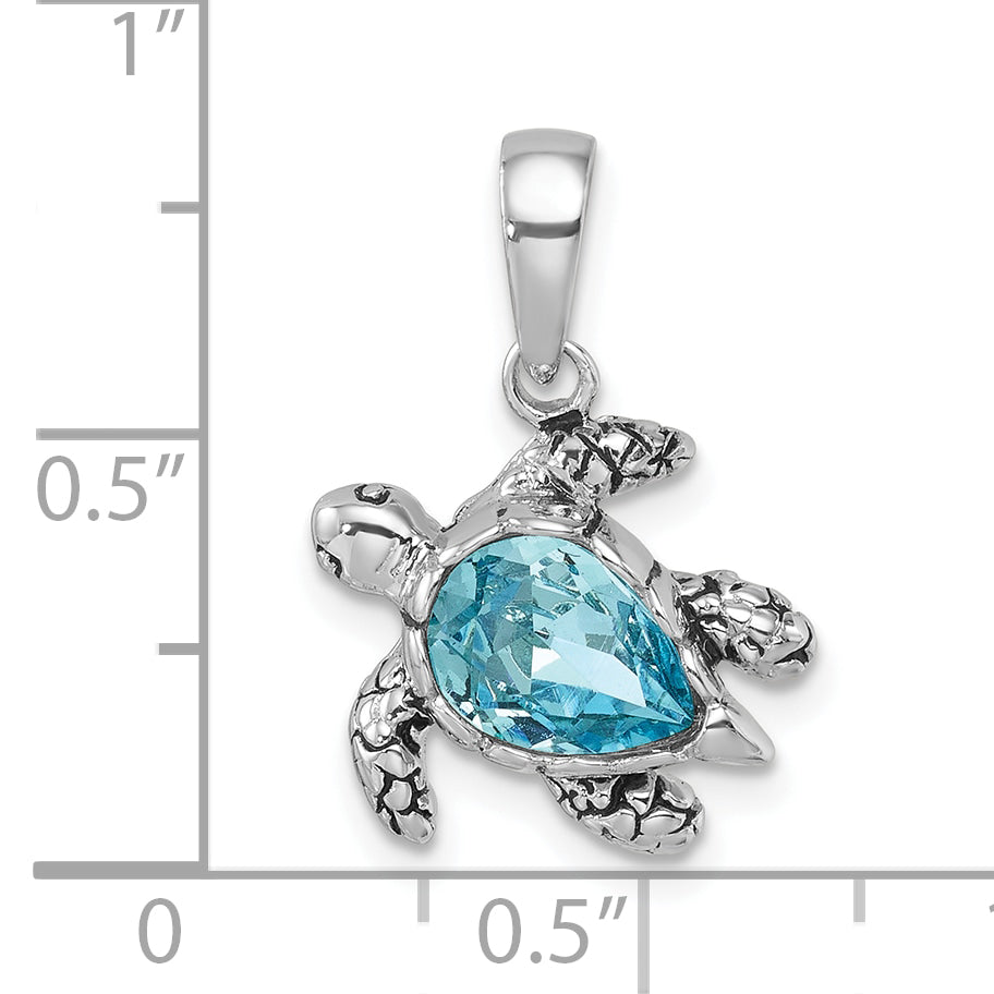 Sterling Silver Rhodium-plated Polished and Antiqued Blue Crystal Turtle Pendant