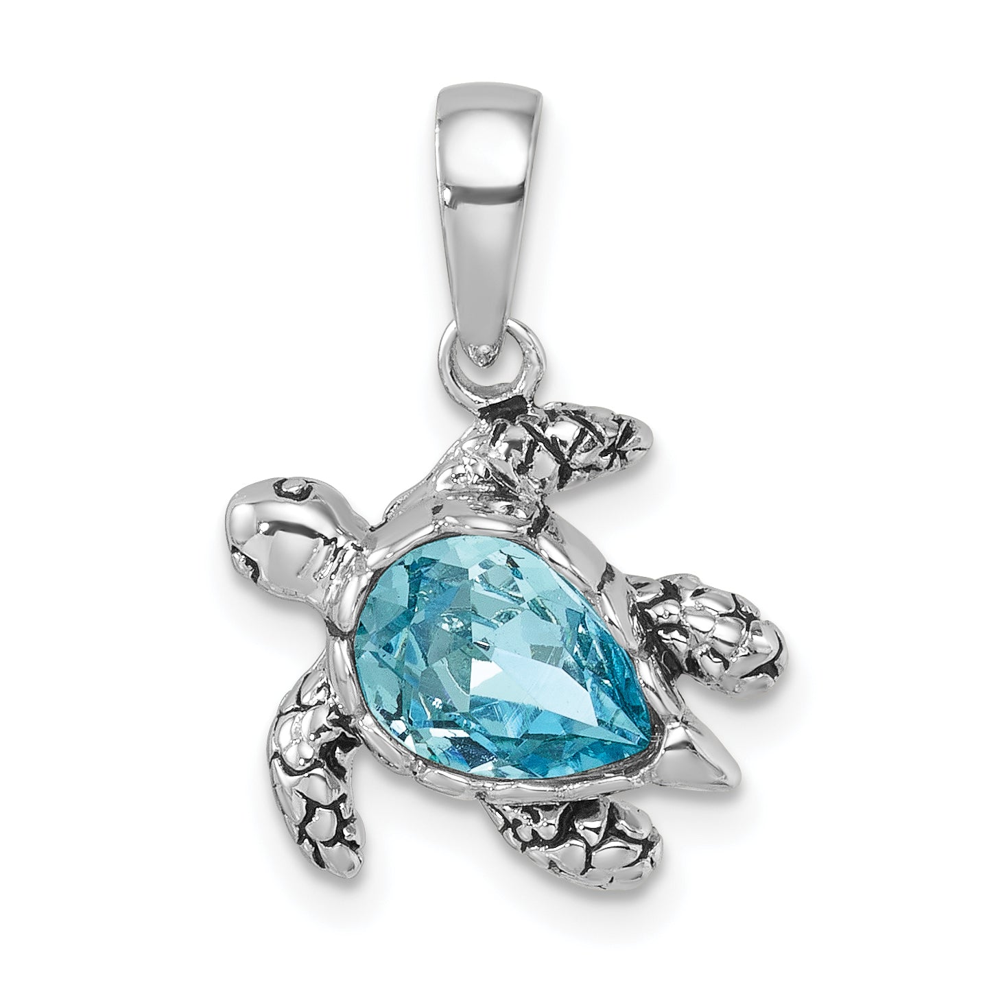 Sterling Silver Rhodium-plated Polished and Antiqued Blue Crystal Turtle Pendant Main image