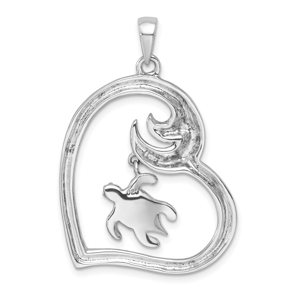 Sterling Silver Rhodium-plated Polished and Antiqued Blue Crystal Turtle Heart with Wave Pendant