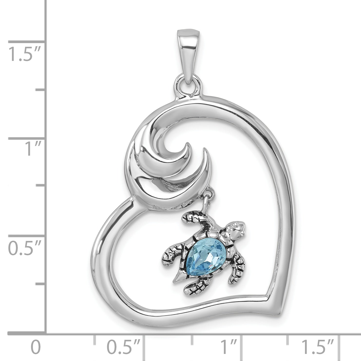 Sterling Silver Rhodium-plated Polished and Antiqued Blue Crystal Turtle Heart with Wave Pendant