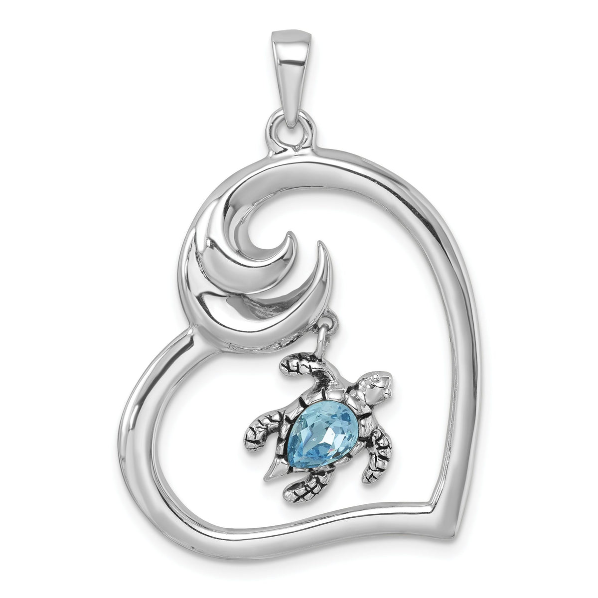 Turtle, Heart & Wave Pendant in Sterling Silver, 38mm, Blue Crystal - Sophia Jewelers Main image
