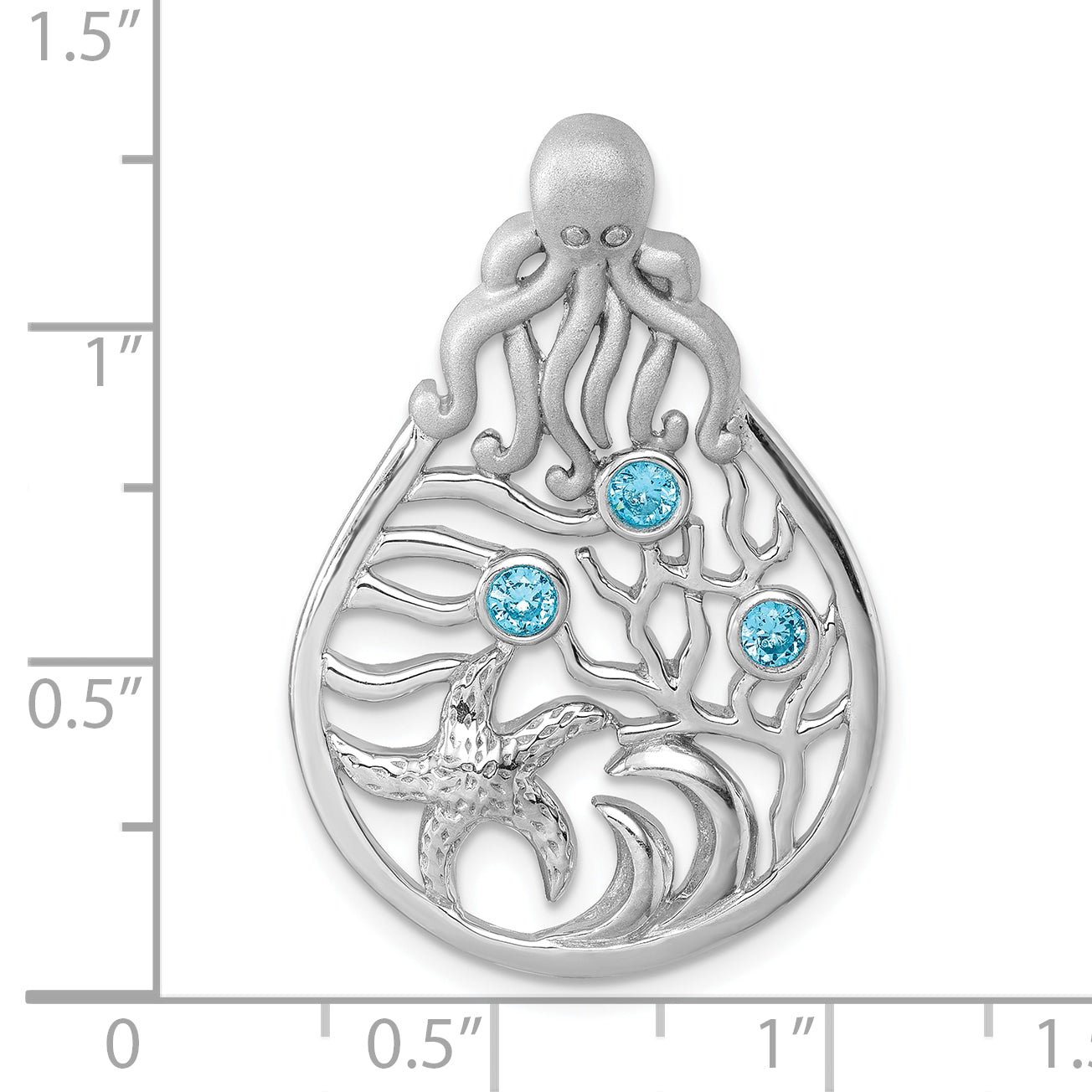 Sterling Silver Rhodium-plated Polished Octopus and Starfish Sea Life Scene Pendant