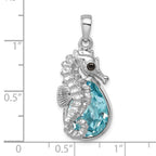 Sterling Silver Rhodium-plated Polished Crystal Background Seahorse Pendant