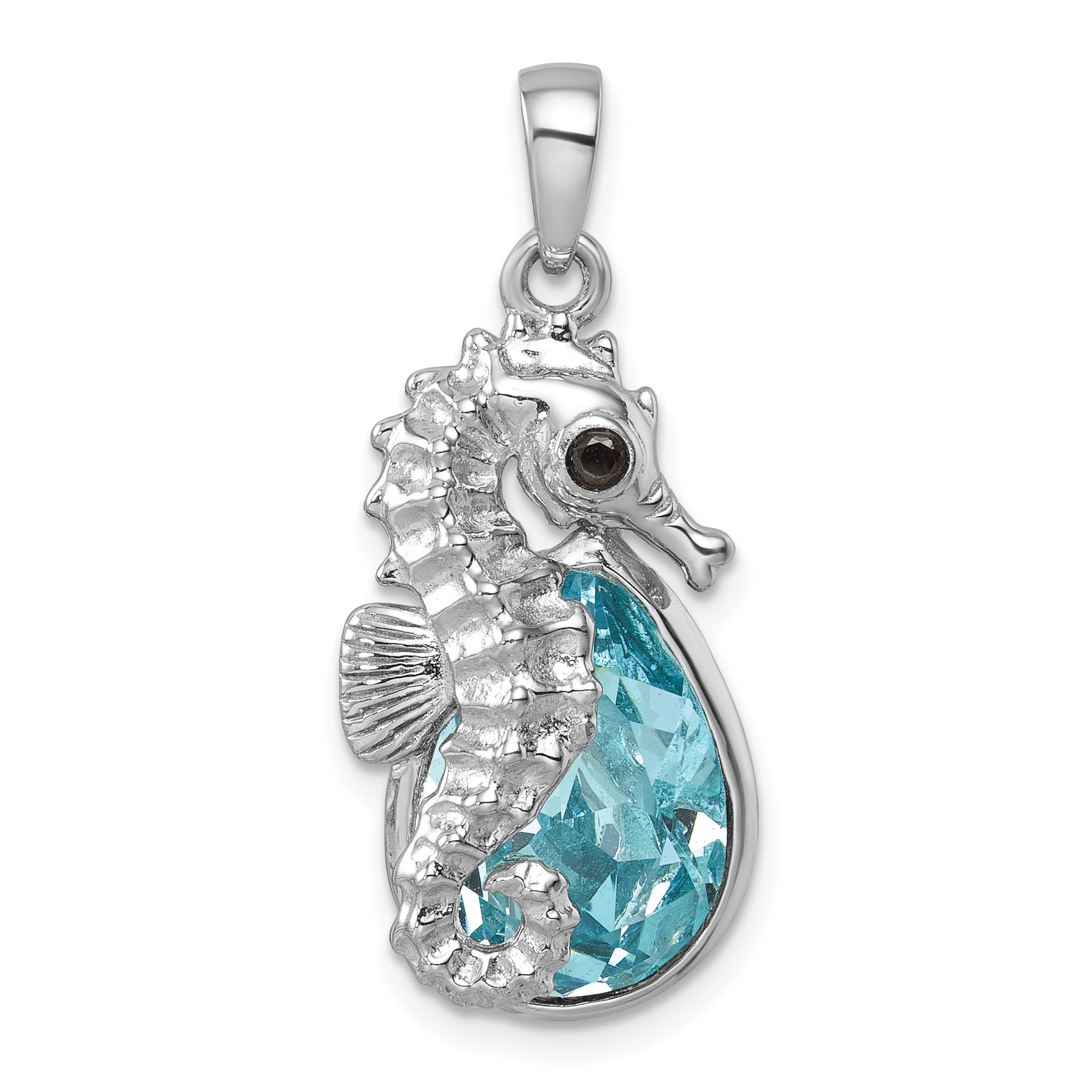 Sterling Silver Rhodium-plated Polished Crystal Background Seahorse Pendant Main image
