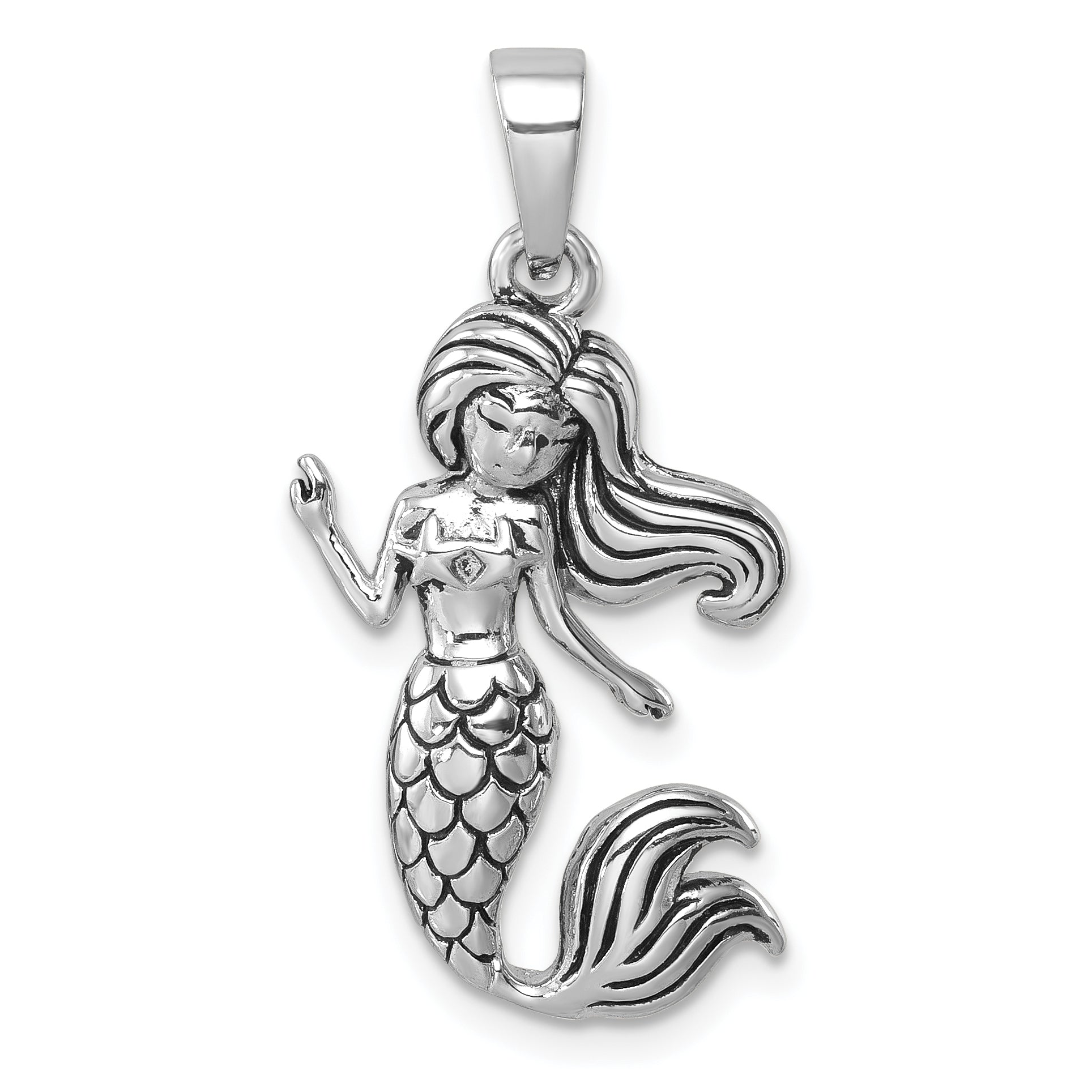 Sterling Silver Rhodium-Plated Antiqued Mermaid Pendant Main image