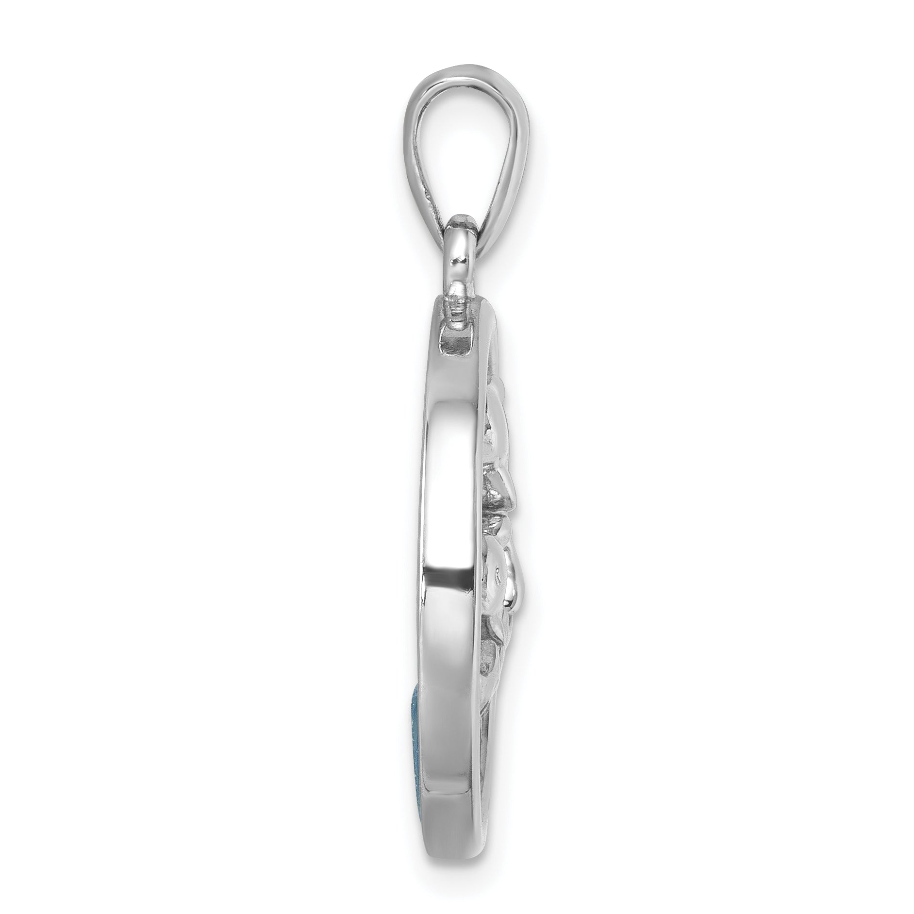 Sterling Silver Rhodium-plated Polished Round Blue Agate Double Dolphin Pendant Secondary image