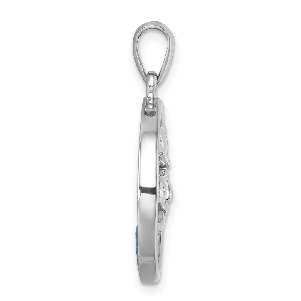 Sterling Silver Rhodium-plated Polished Round Blue Agate Double Dolphin Pendant