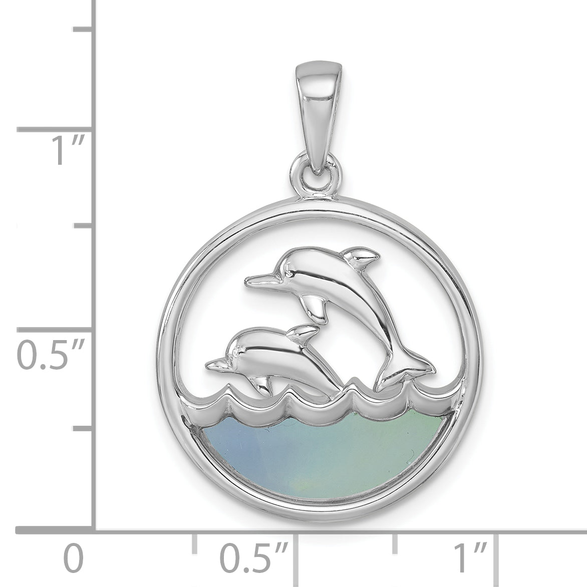 Sterling Silver Rhodium-plated Polished Round Blue Agate Double Dolphin Pendant