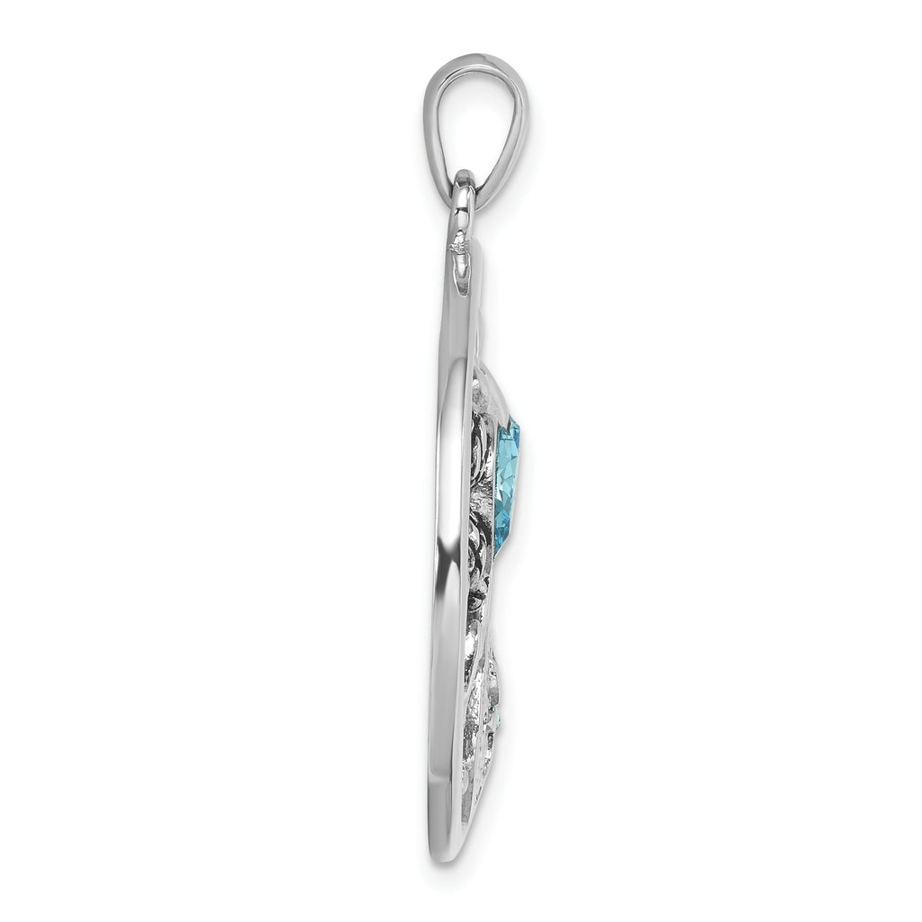Sterling Silver Rhodium-plated Polished and Antiqued Round Crystal Sealife Pendant