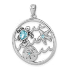 Sterling Silver Rhodium-plated Polished and Antiqued Round Crystal Sealife Pendant