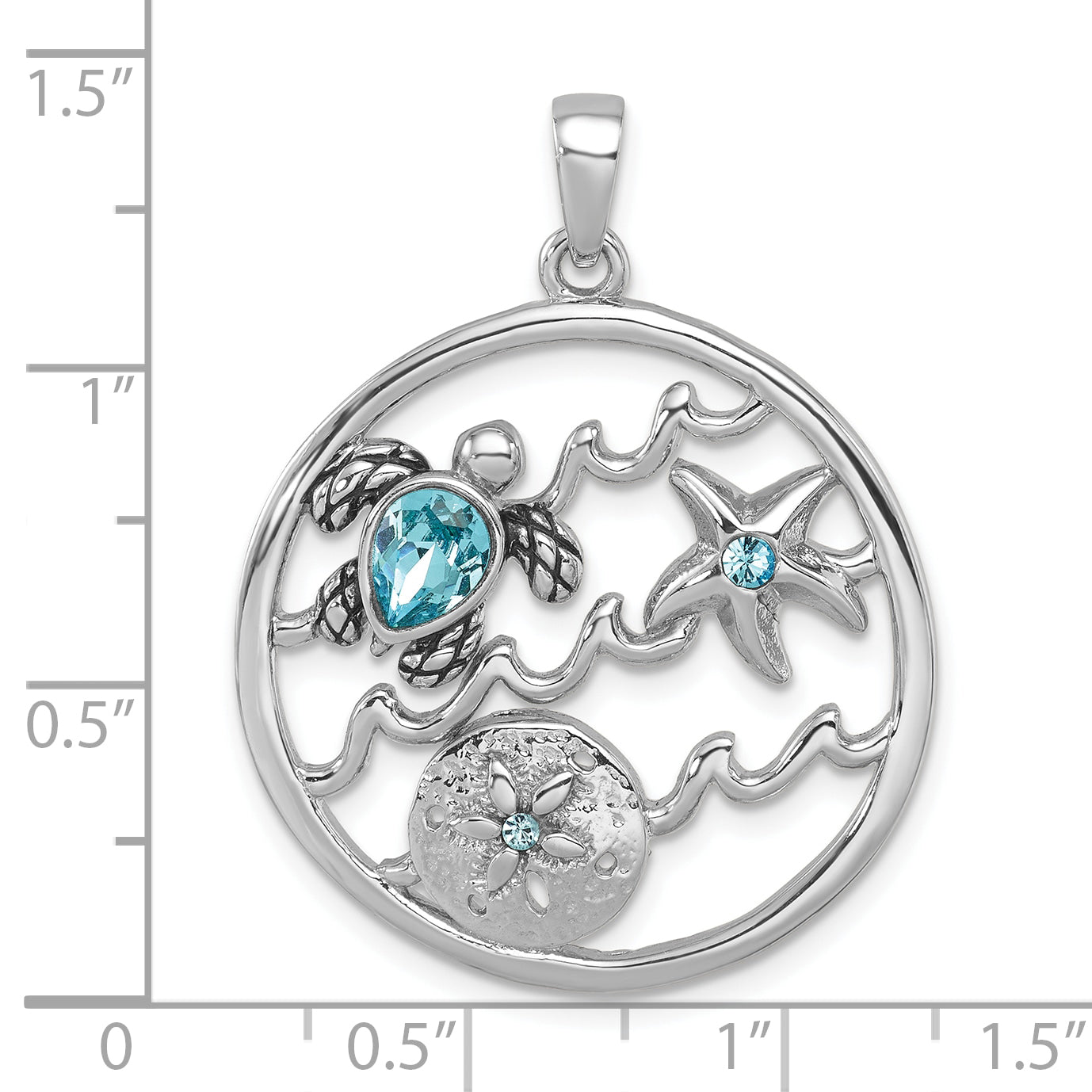 Sterling Silver Rhodium-plated Polished and Antiqued Round Crystal Sealife Pendant